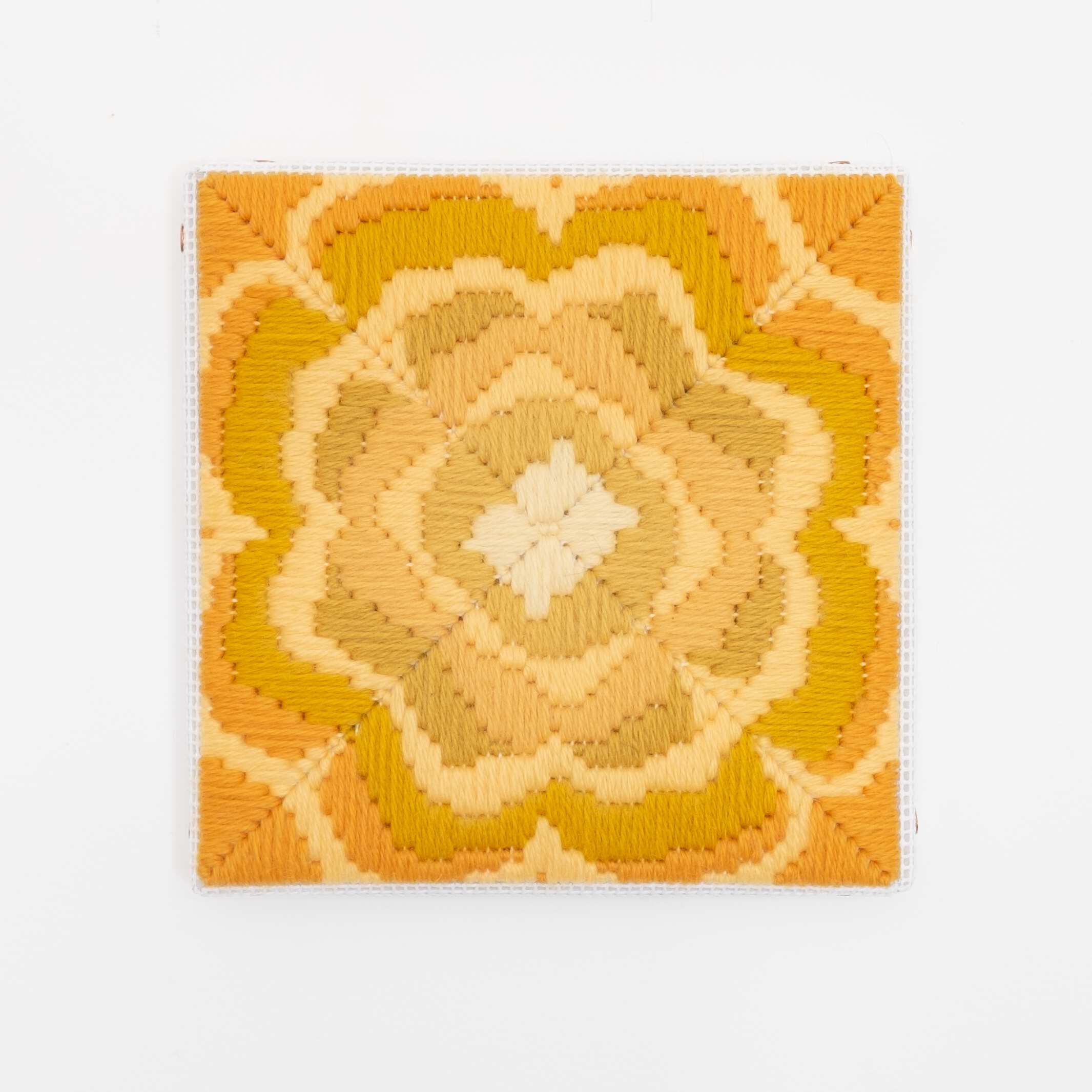 Depression Era [cast glass, goldenrod], Hand-embroidered wool on canvas over panel, 2020