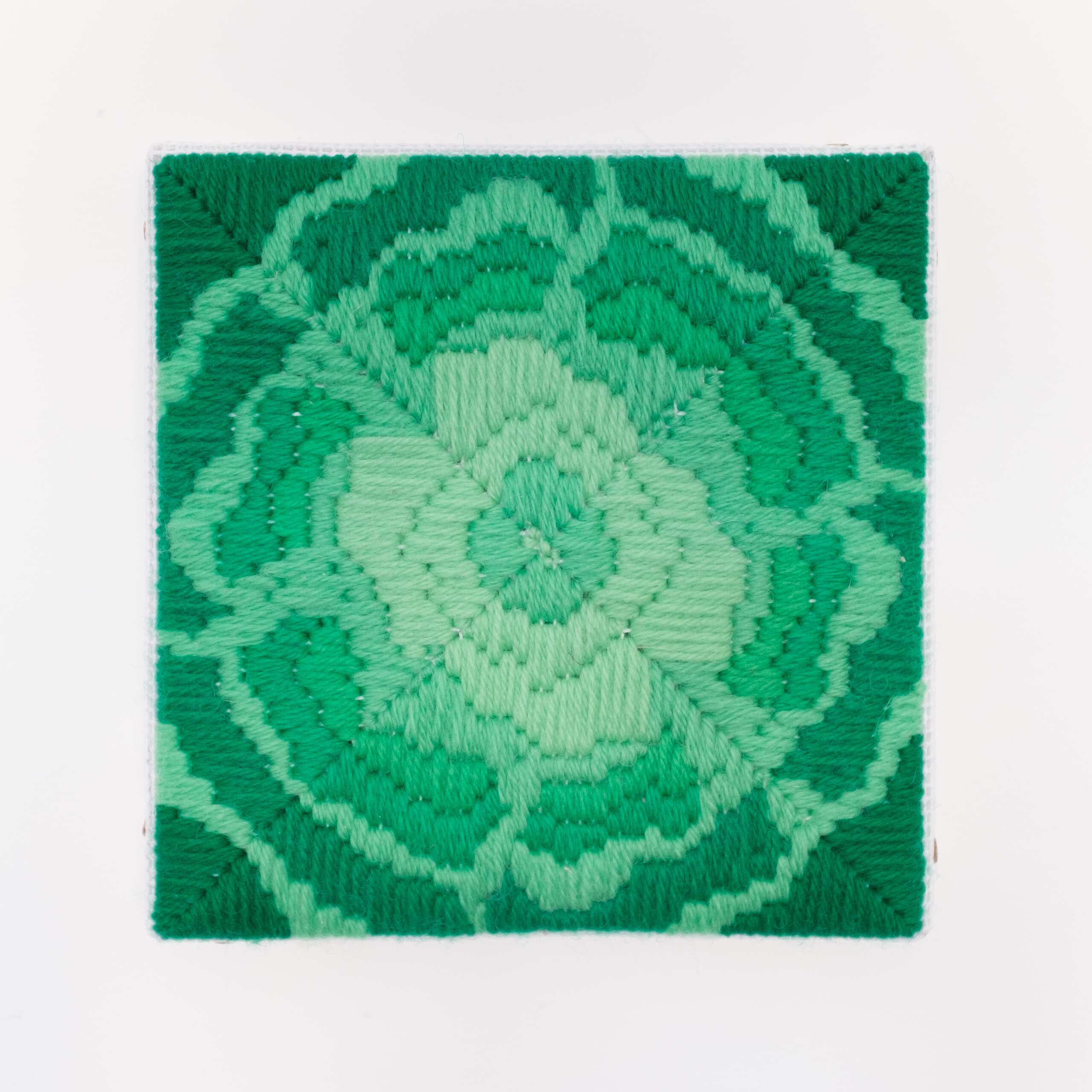 Depression Era [cast glass, green], Hand-embroidered wool on canvas over panel, 2020