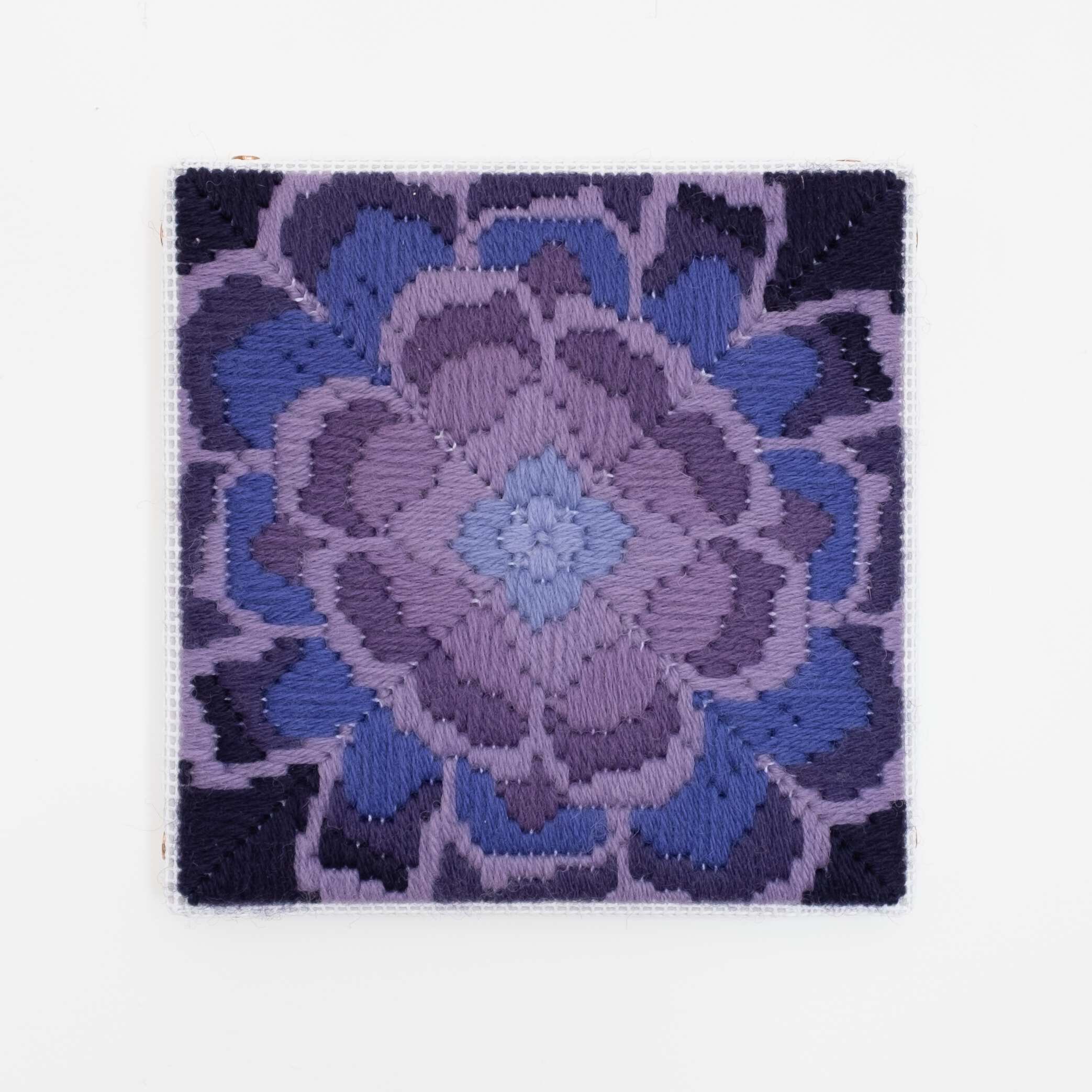 Depression Era [cast glass, purple], Hand-embroidered wool on canvas over panel, 2020