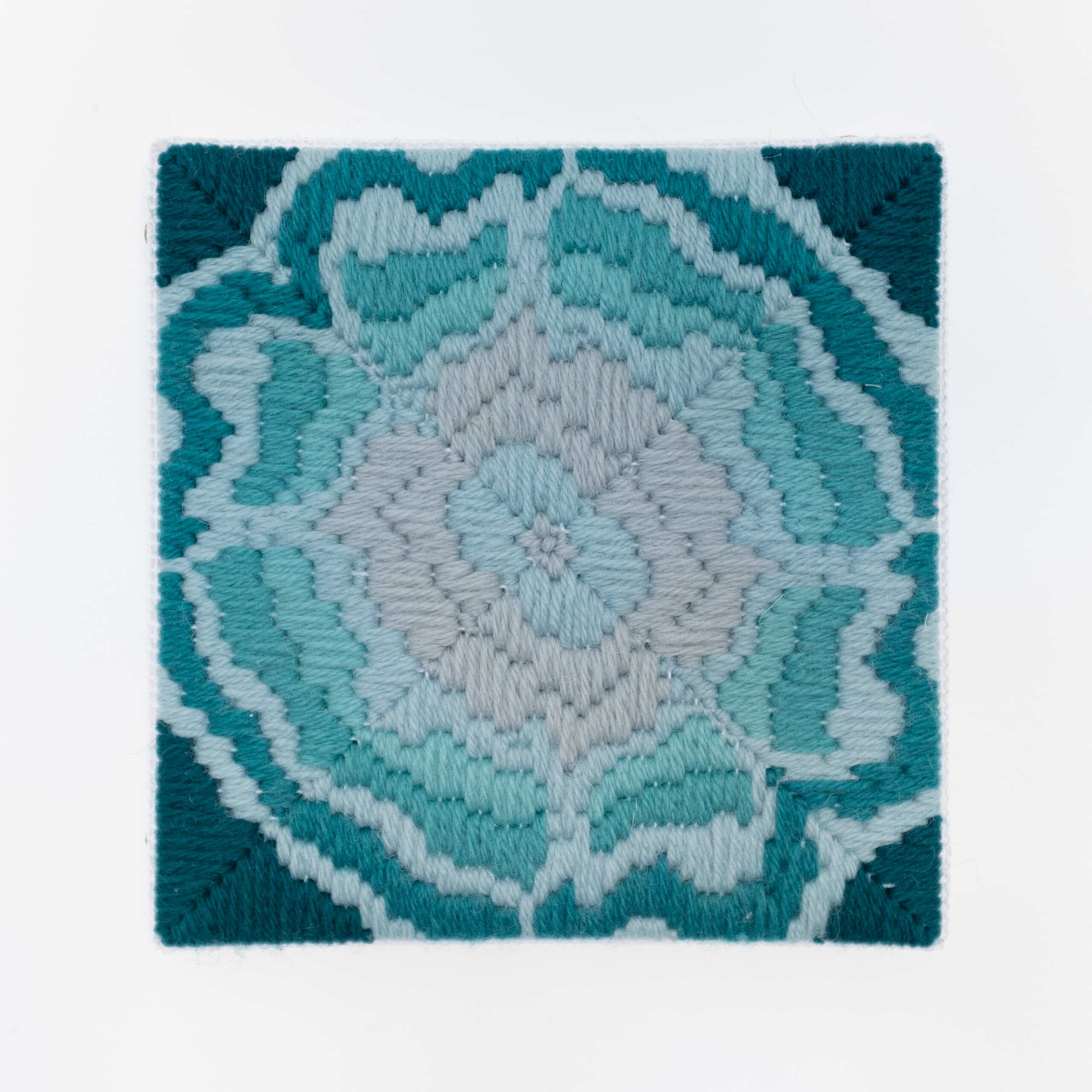 Depression Era [cast glass, teal], Hand-embroidered wool on canvas over panel, 2020