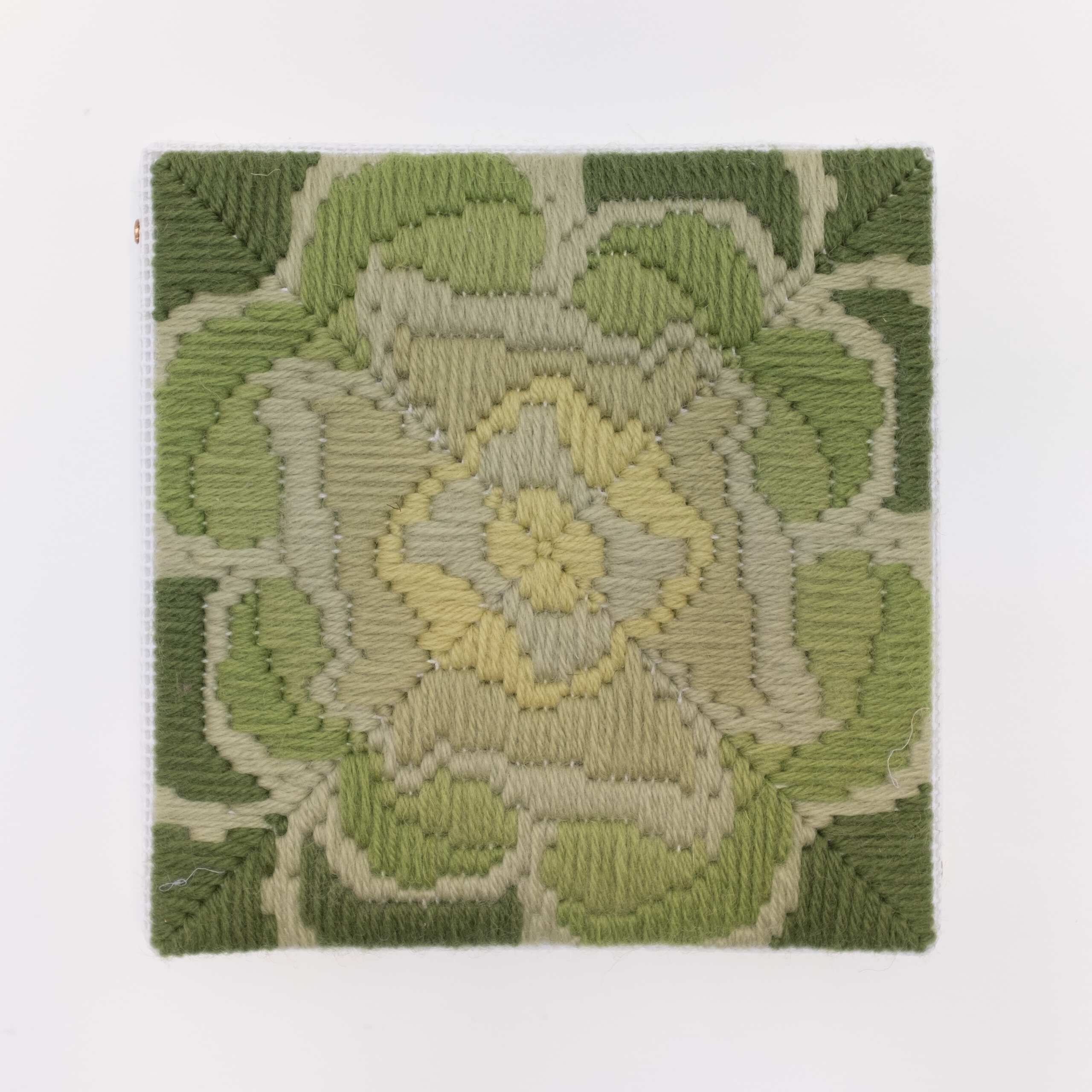 Depression Era [cast glass, yellow-green], Hand-embroidered wool on canvas over panel, 2020
