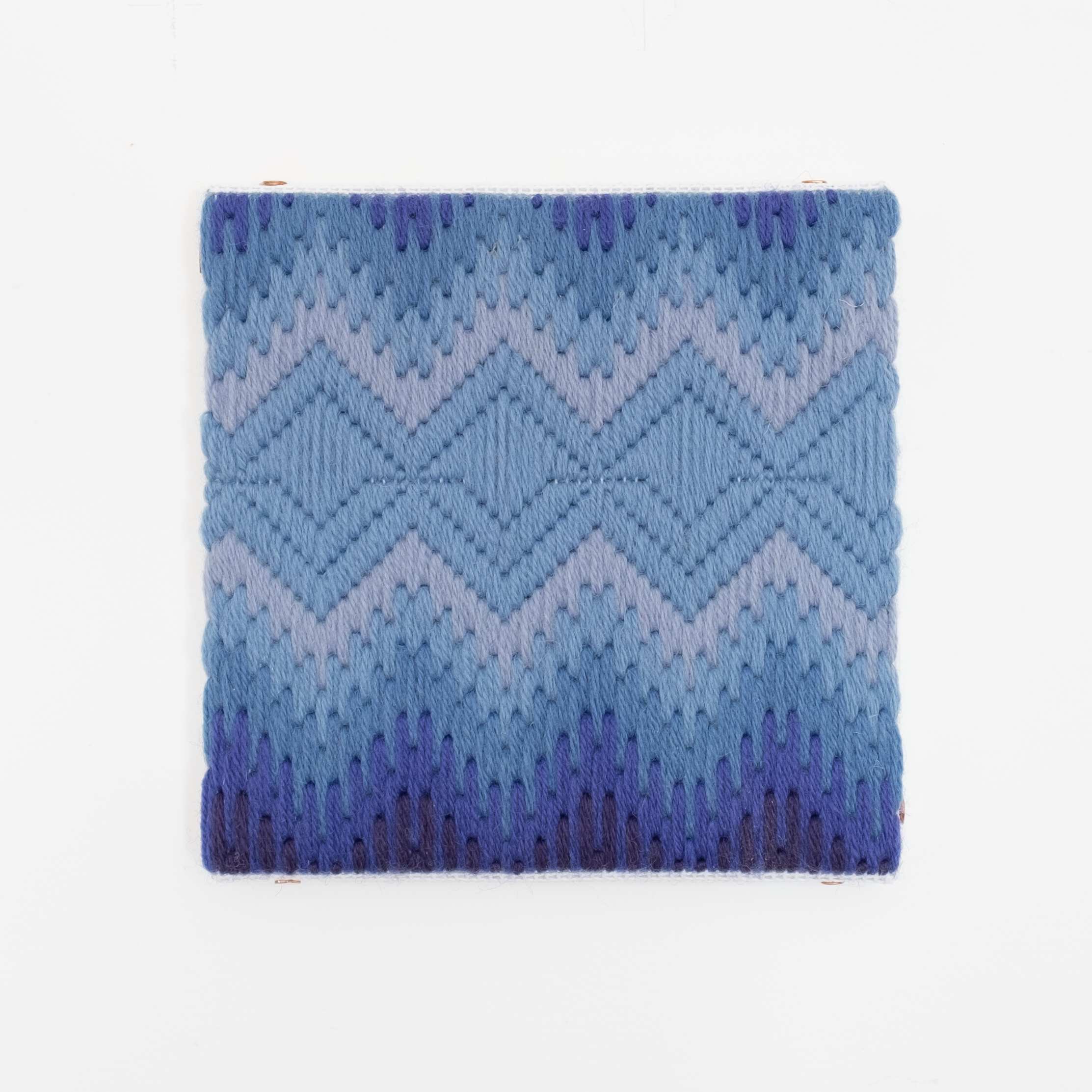 Depression Era [cut glass, periwinkle], Hand-embroidered wool on canvas over panel, 2020