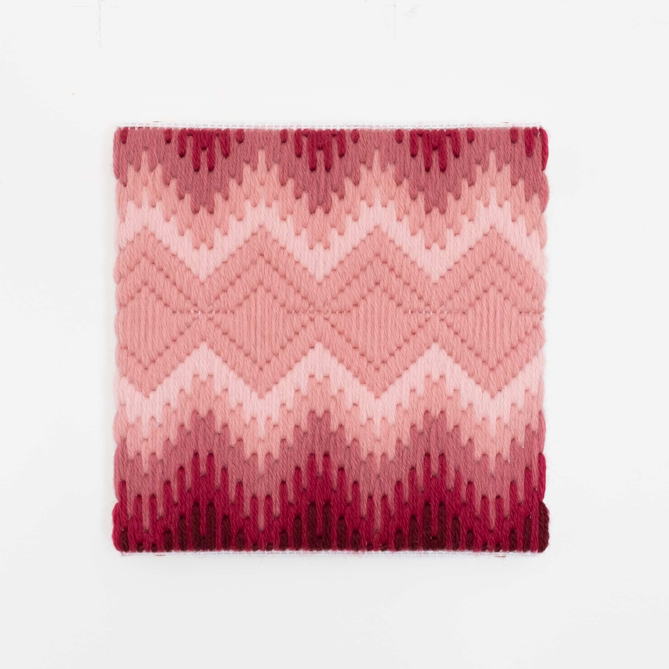 Depression Era [cut glass, raspberry], Hand-embroidered wool on canvas over panel, 2020