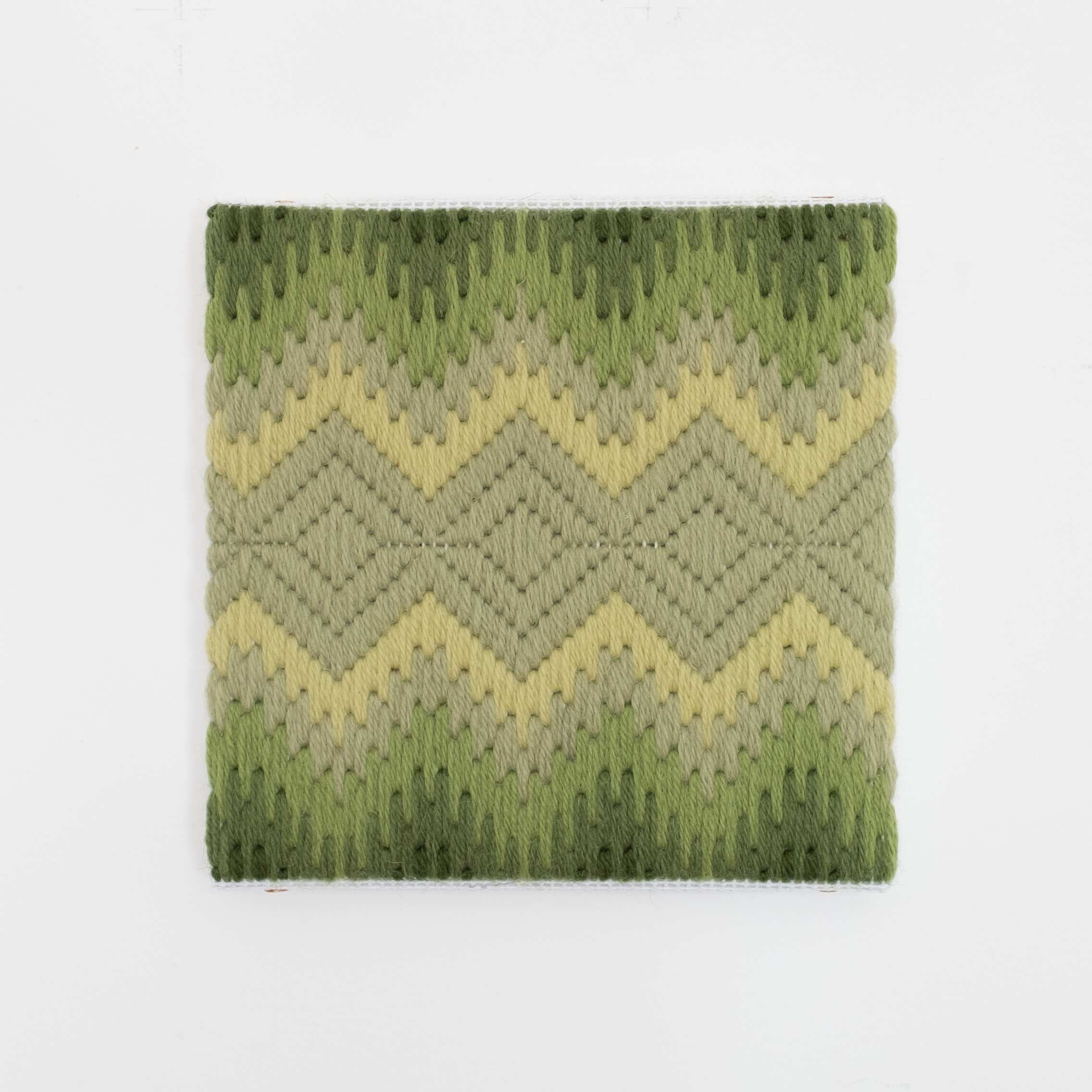 Depression Era [cut glass, yellow-green], Hand-embroidered wool on canvas over panel, 2020