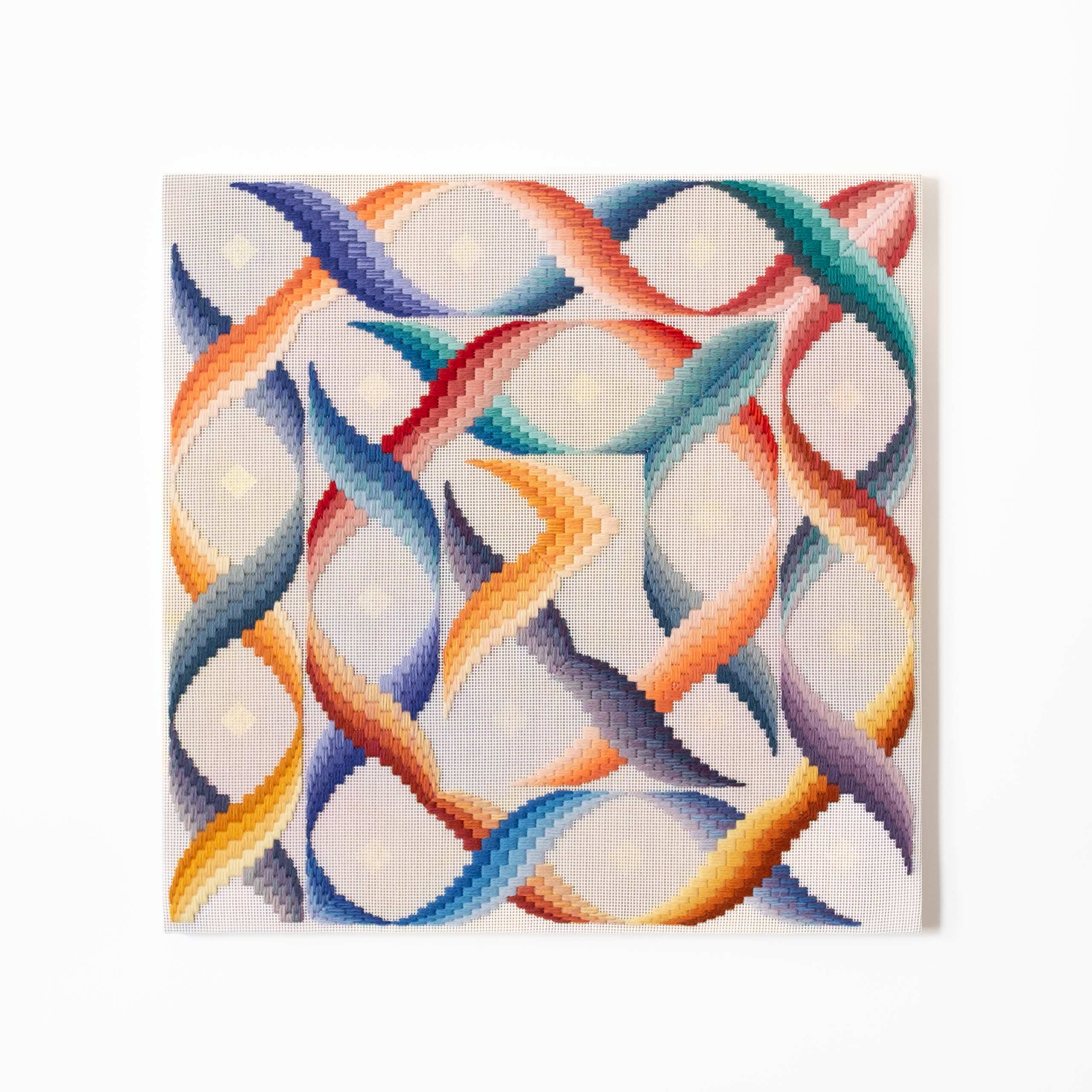Dome of heaven [ouroboros], Hand-embroidered wool yarn on cotton canvas over cedar panel, 24-carat gold leaf, 2024