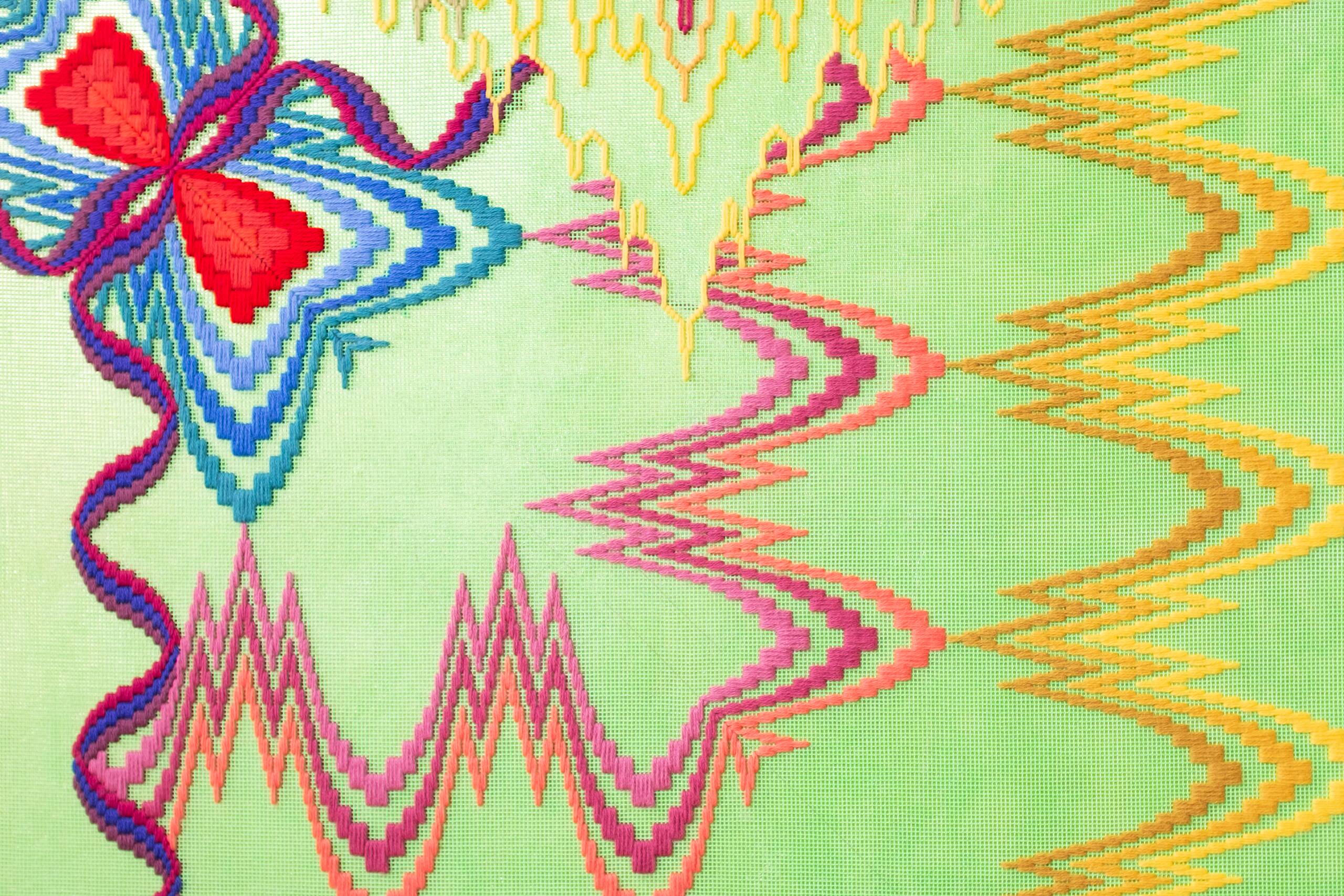 Eternal myth and the poetry of the cosmos [fate, future, suture], Hand-embroidered wool yarn and acrylic paint on canvas over gilded panel, 2021