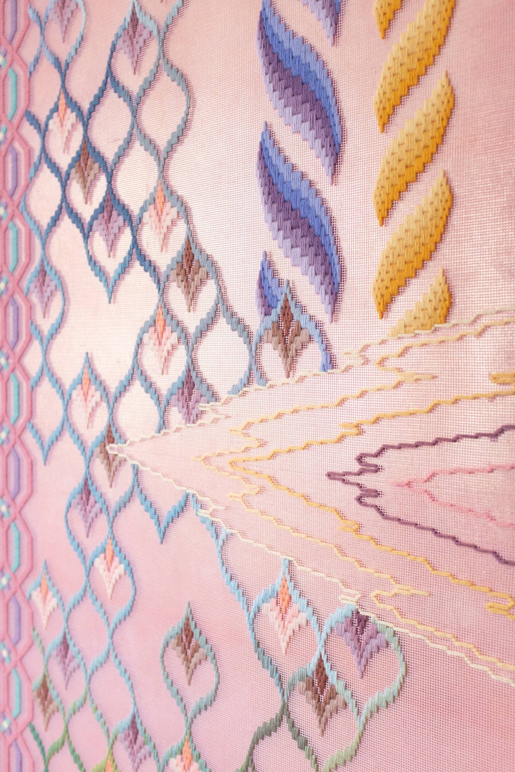 Eternal myth and the poetry of the cosmos [fate, future, suture], Hand-embroidered wool yarn and acrylic paint on canvas over gilded panel, 2021