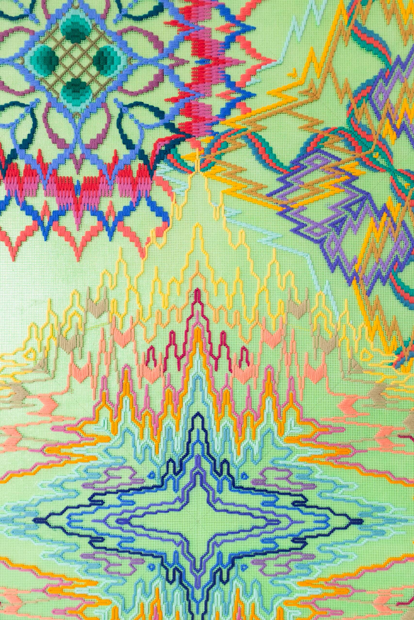Eternal myth and the poetry of the cosmos [fate, future, suture], Hand-embroidered wool yarn and acrylic paint on canvas over gilded panel, 2021