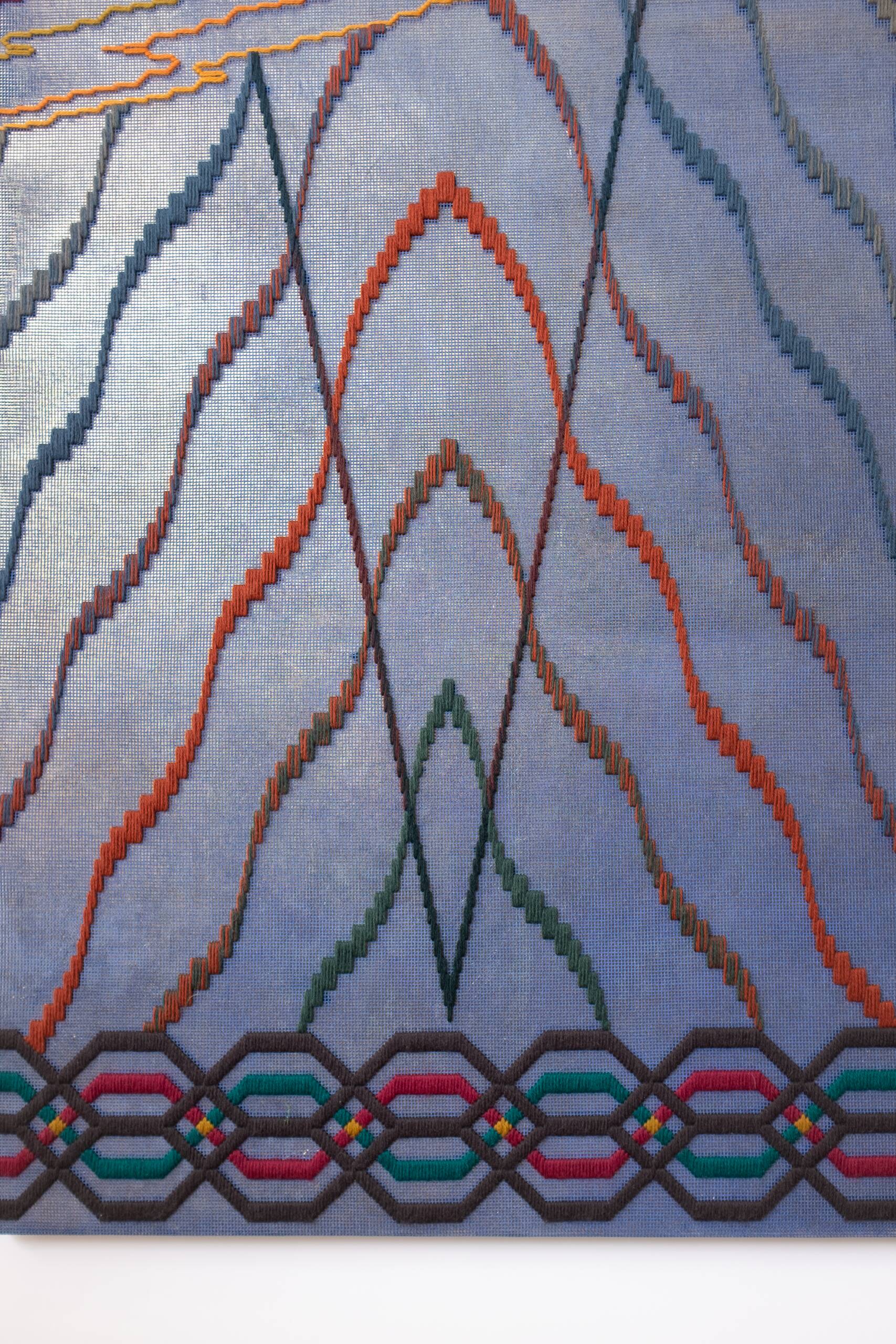 Eternal myth and the poetry of the cosmos [fate, future, suture], Hand-embroidered wool yarn and acrylic paint on canvas over gilded panel, 2021