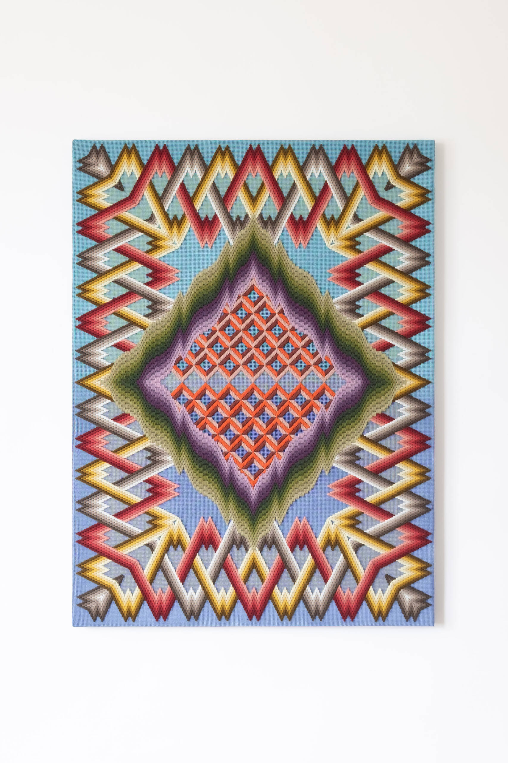 indigo sky circled by a thread that sometimes changes color along the way [green-purple psychic portal], Hand-embroidered wool yarn and acrylic paint on canvas over panel with acrylic paint and 24-carat gold leaf, 2023