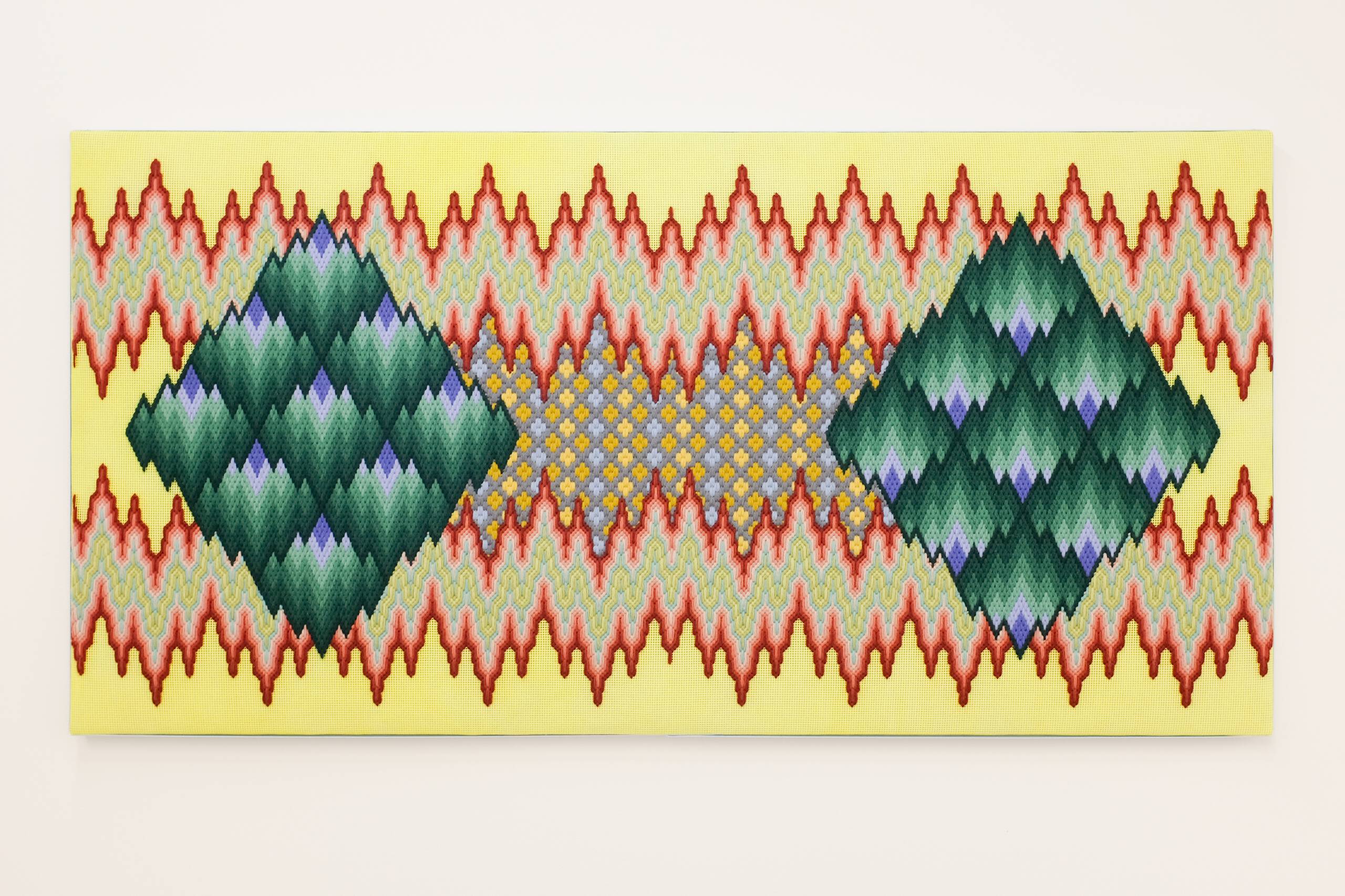 It might've been a walk-in spirit (according to my 72-year-old Peruvian roommate), Hand-embroidered wool on canvas over panel, 2018