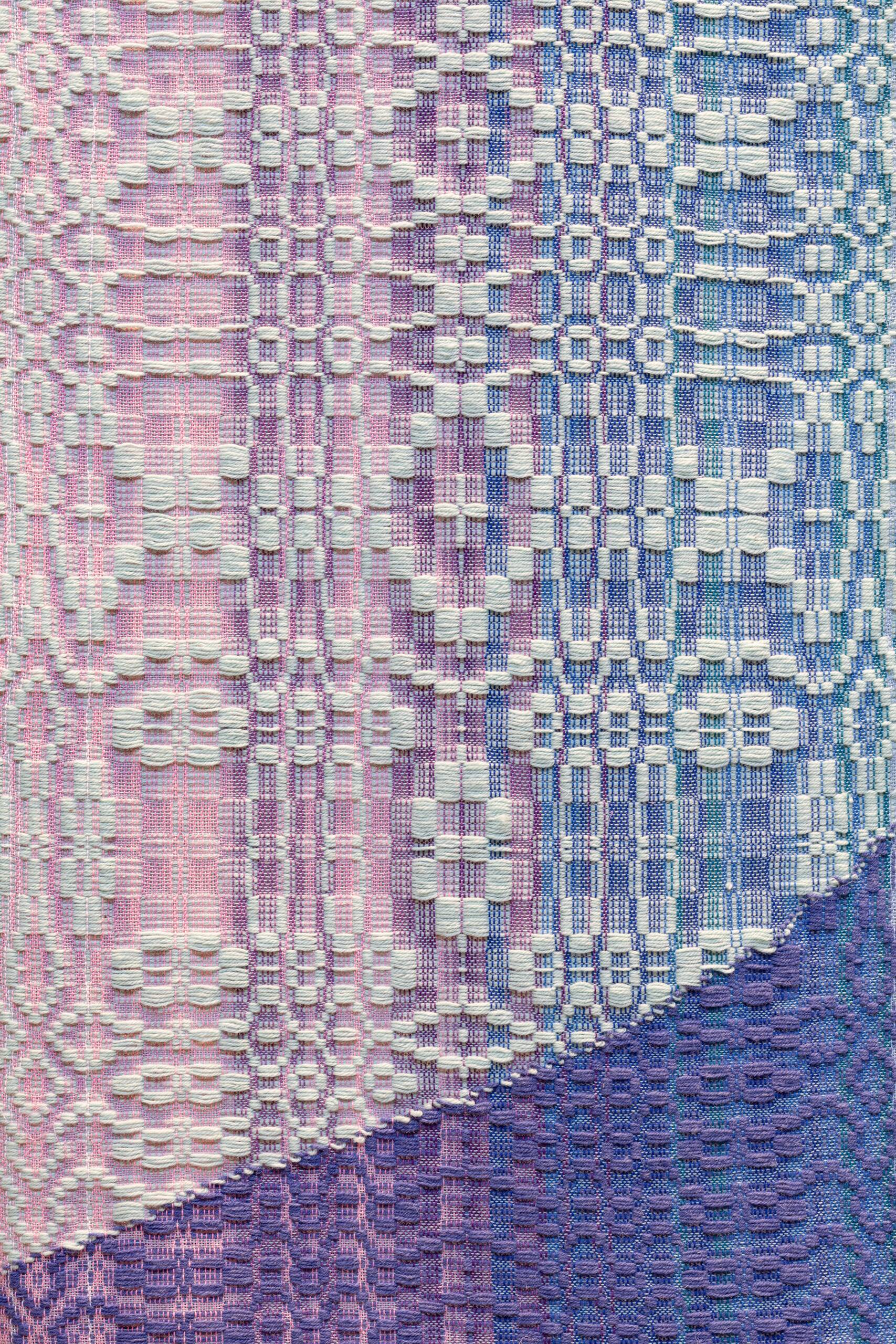 Memory Garden [hydrangea], Handwoven cotton and wool yarn, dowel, found fabric, 2023