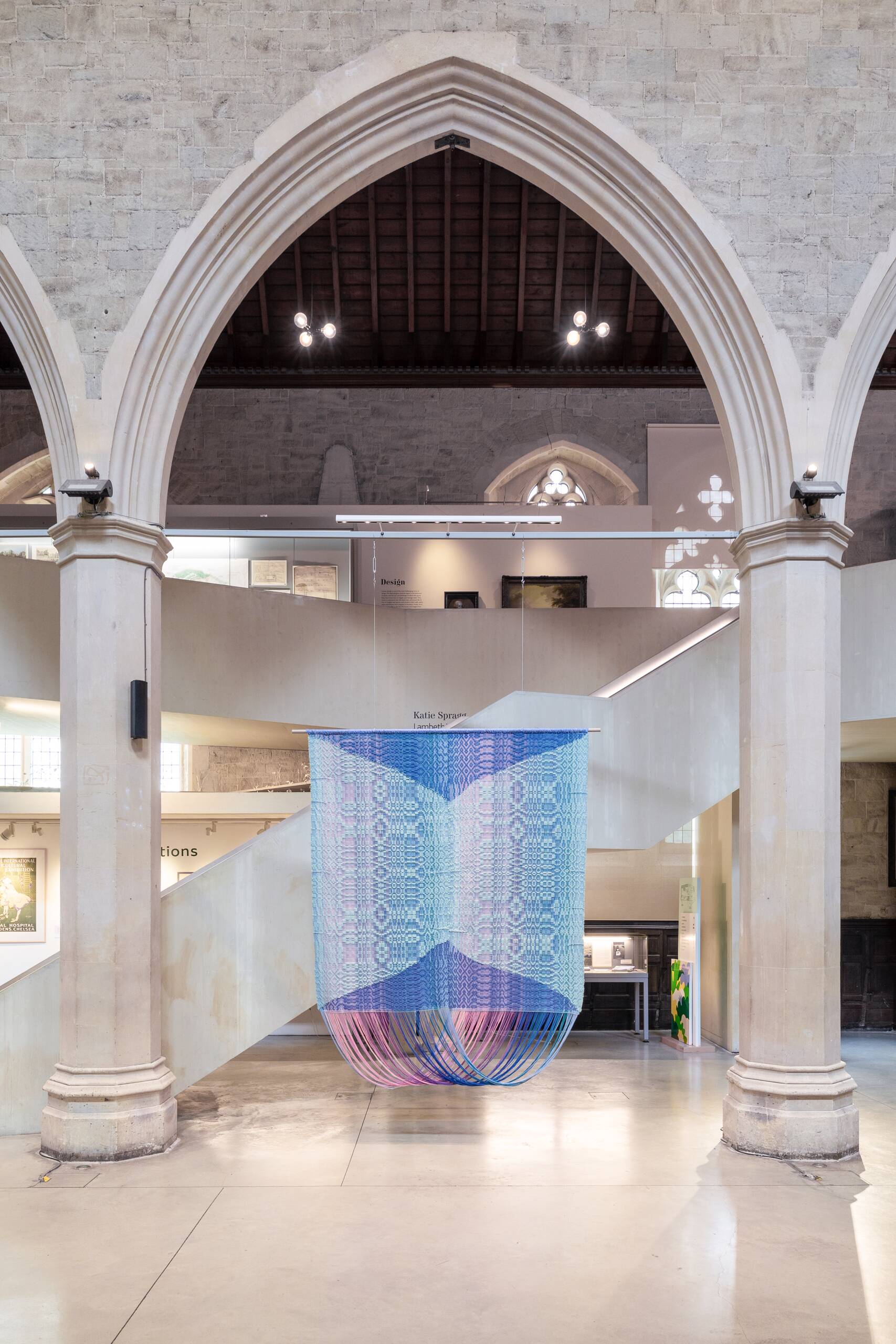 Memory Garden [hydrangea], Handwoven cotton and wool yarn, dowel, found fabric, 2023