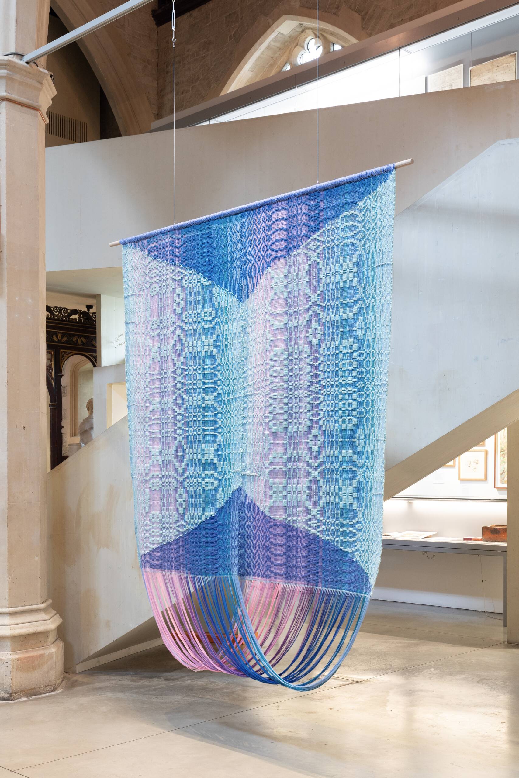 Memory Garden [hydrangea], Handwoven cotton and wool yarn, dowel, found fabric, 2023