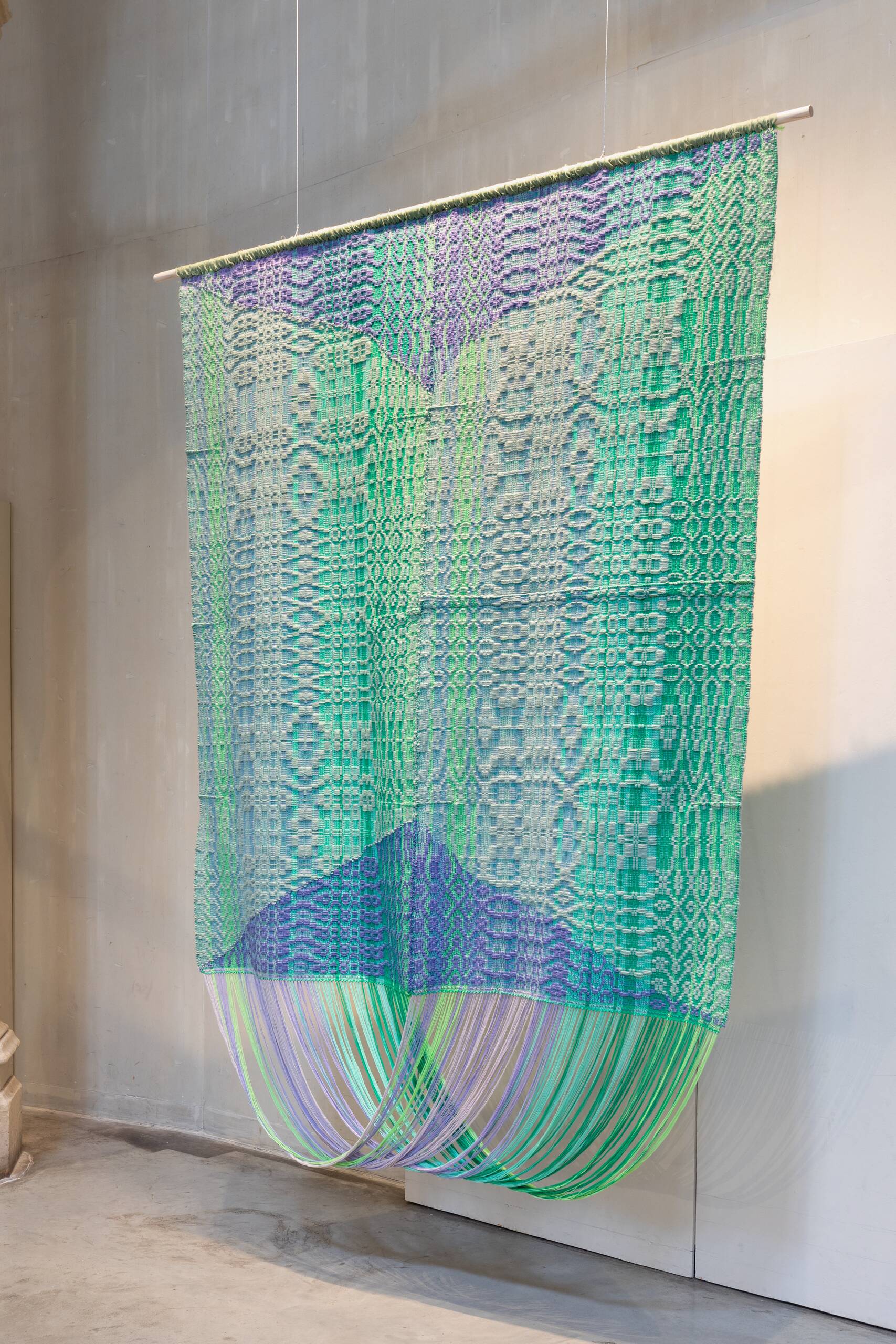 Memory Garden [lavender], Handwoven cotton and wool yarn, dowel, found fabric, 2023