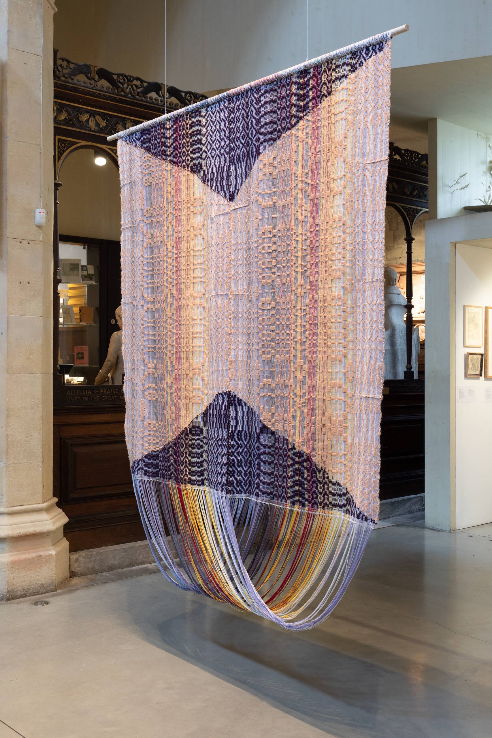 Memory Garden [lily], Handwoven cotton and wool yarn, dowel, found fabric, 2023