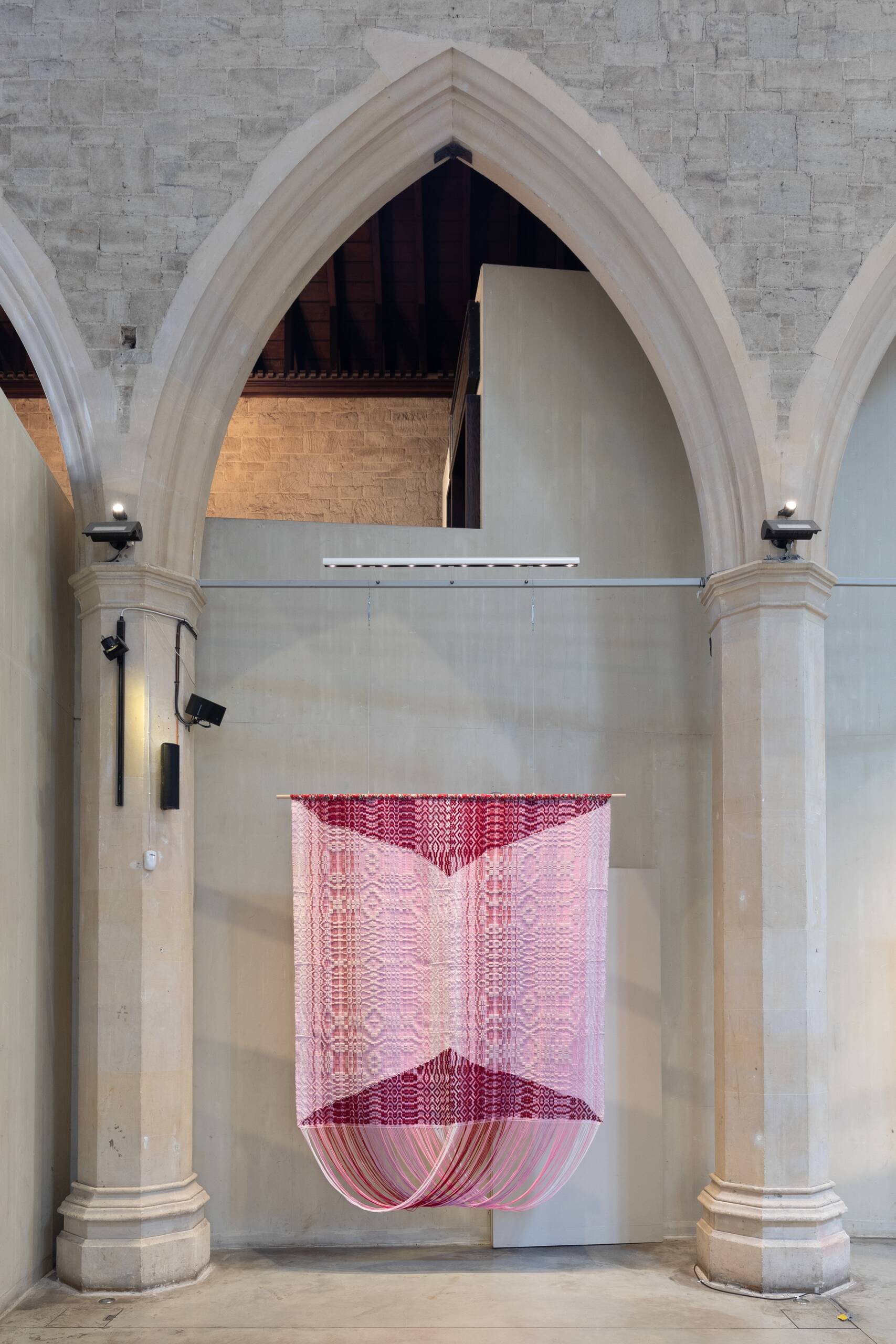 Memory Garden [peony], Handwoven cotton and wool yarn, dowel, found fabric, 2023