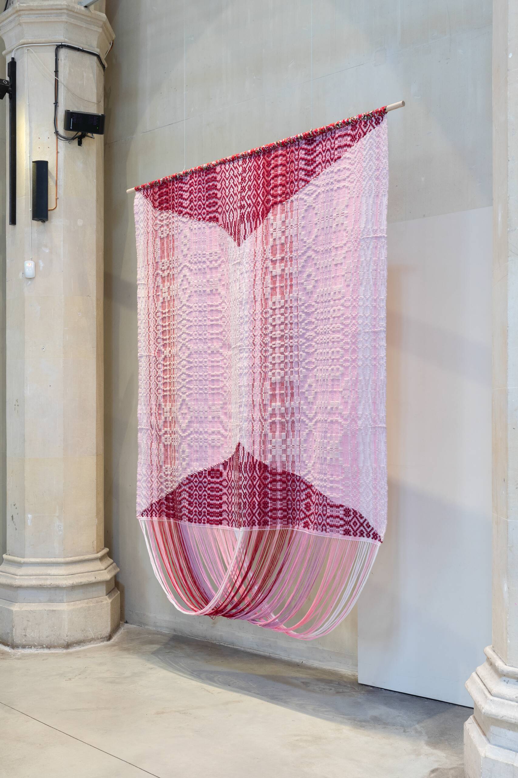 Memory Garden [peony], Handwoven cotton and wool yarn, dowel, found fabric, 2023