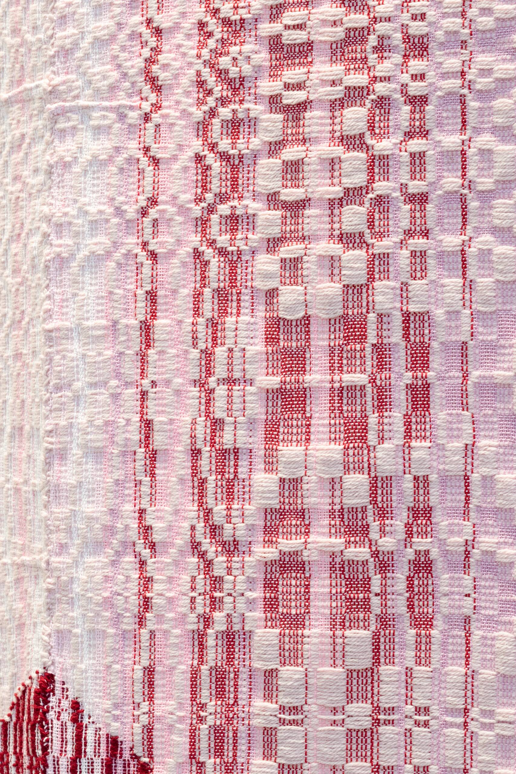 Memory Garden [peony], Handwoven cotton and wool yarn, dowel, found fabric, 2023