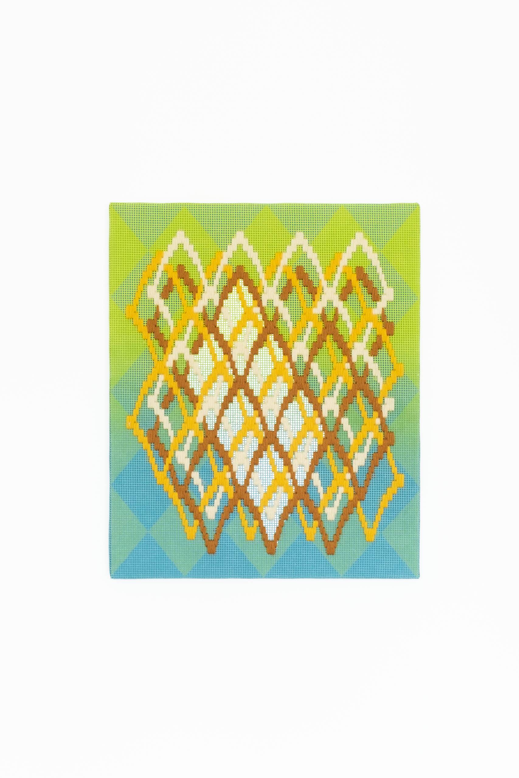 Pattern analysis [Golden Ratio, green and blue], Hand-embroidered wool yarn and acrylic paint on canvas over painted and gilded panel, 2022