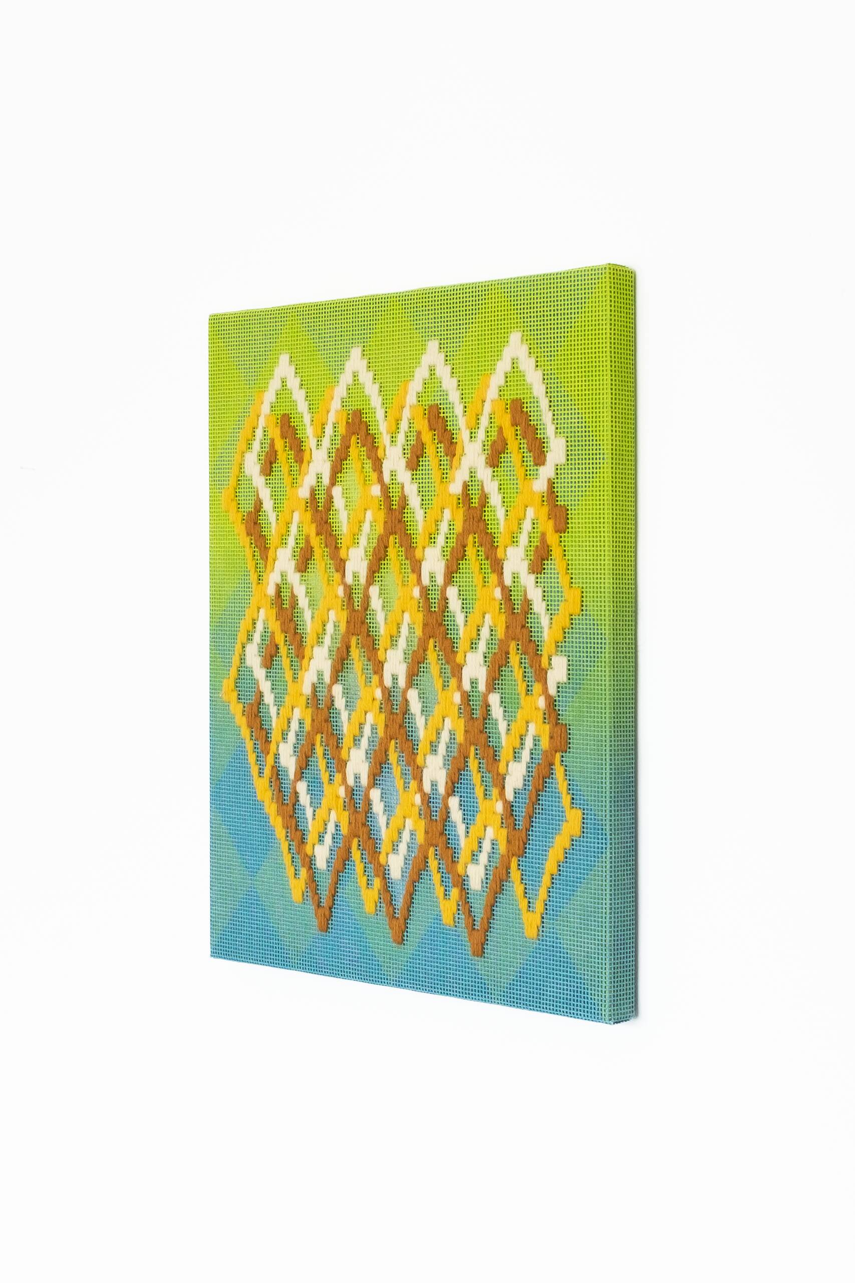 Pattern analysis [Golden Ratio, green and blue], Hand-embroidered wool yarn and acrylic paint on canvas over painted and gilded panel, 2022