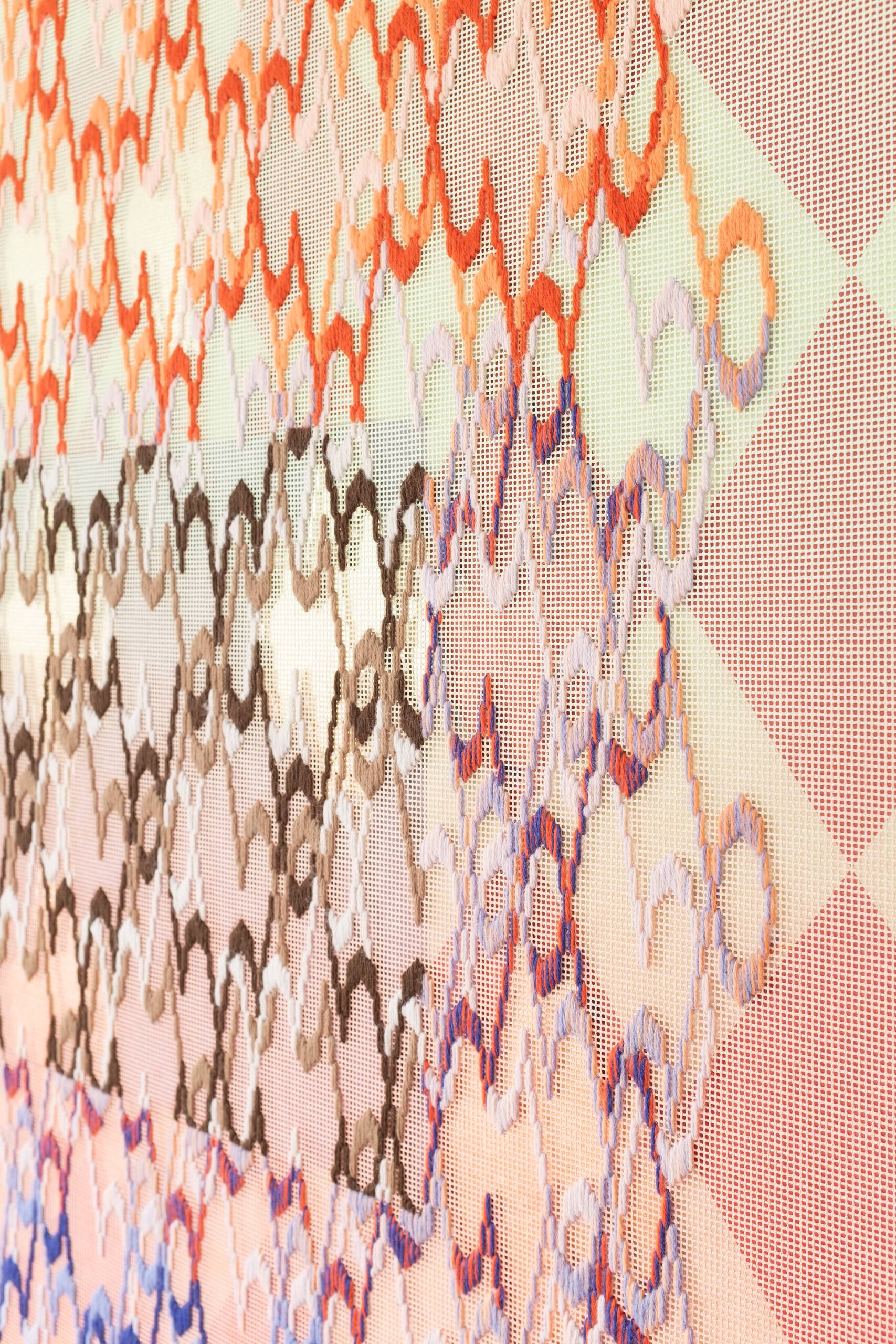 Pattern analysis [Golden Ratio, seafoam and coral], Hand-embroidered wool yarn and acrylic paint on canvas over painted and gilded panel, 2022