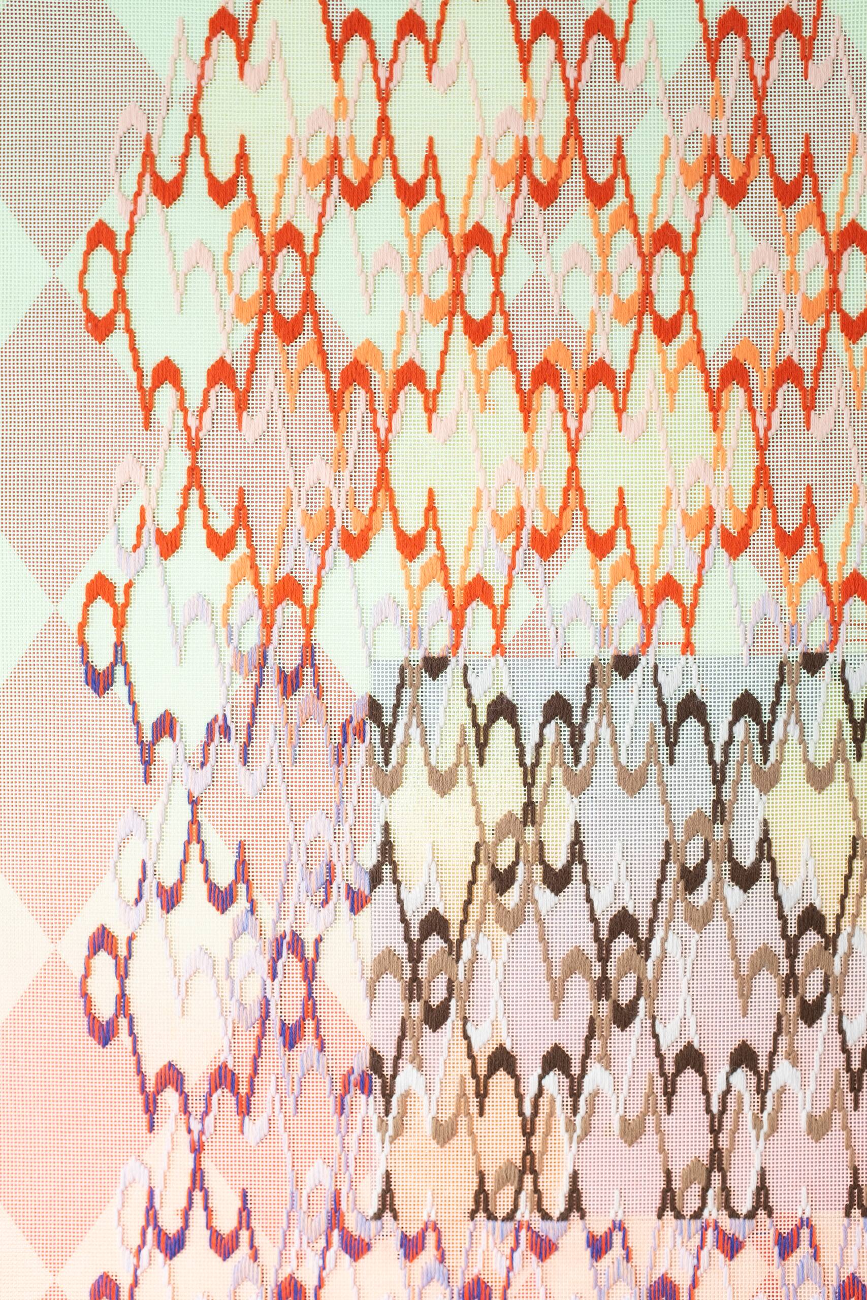 Pattern analysis [Golden Ratio, seafoam and coral], Hand-embroidered wool yarn and acrylic paint on canvas over painted and gilded panel, 2022