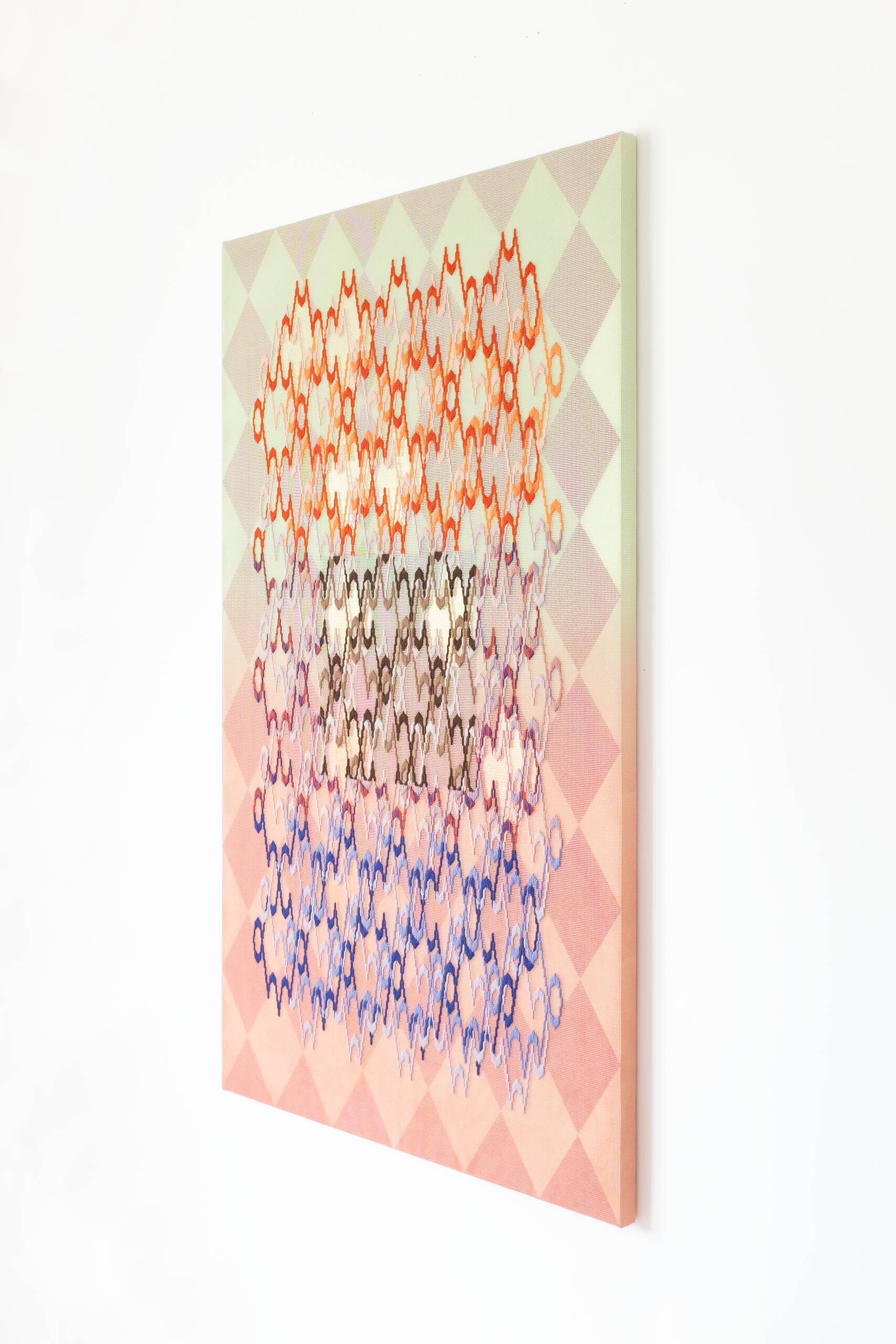 Pattern analysis [Golden Ratio, seafoam and coral], Hand-embroidered wool yarn and acrylic paint on canvas over painted and gilded panel, 2022