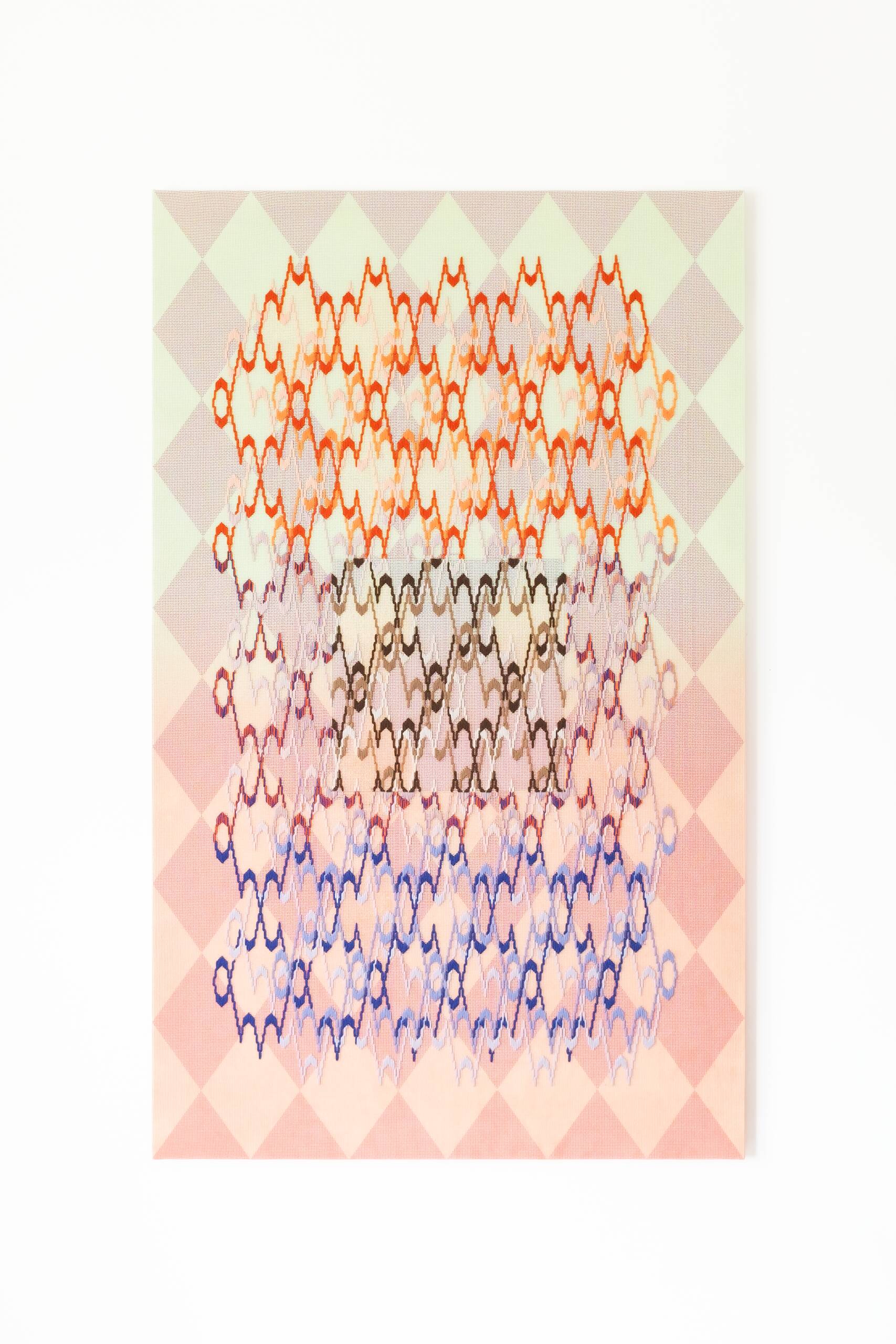 Pattern analysis [Golden Ratio, seafoam and coral], Hand-embroidered wool yarn and acrylic paint on canvas over painted and gilded panel, 2022
