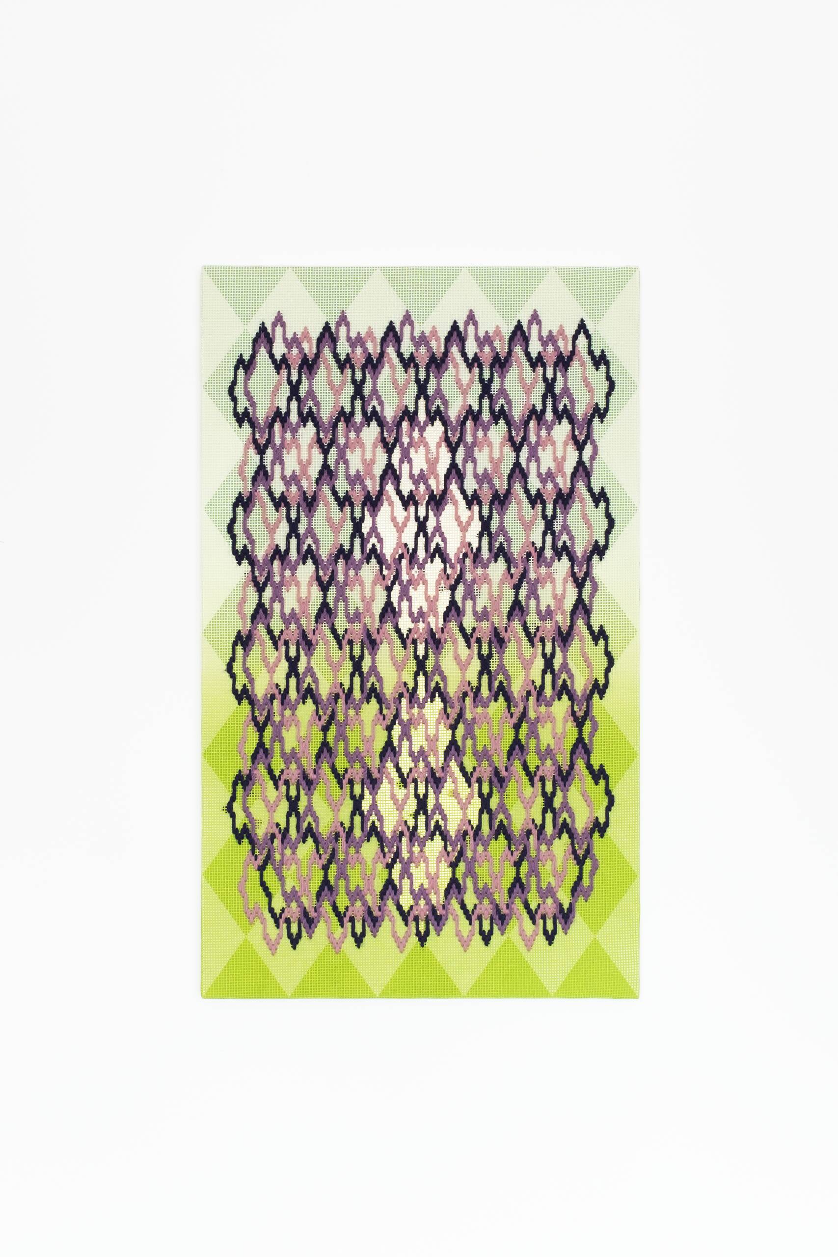 Pattern analysis [Golden Ratio, seafoam and green], Hand-embroidered wool yarn and acrylic paint on canvas over painted and gilded panel, 2022