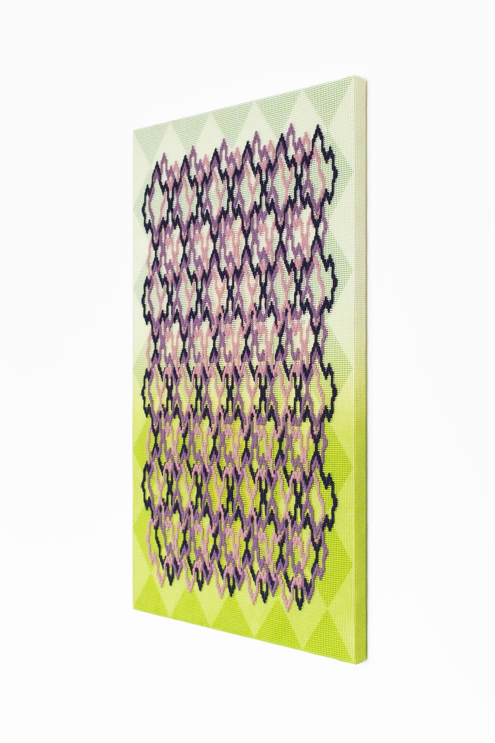 Pattern analysis [Golden Ratio, seafoam and green], Hand-embroidered wool yarn and acrylic paint on canvas over painted and gilded panel, 2022