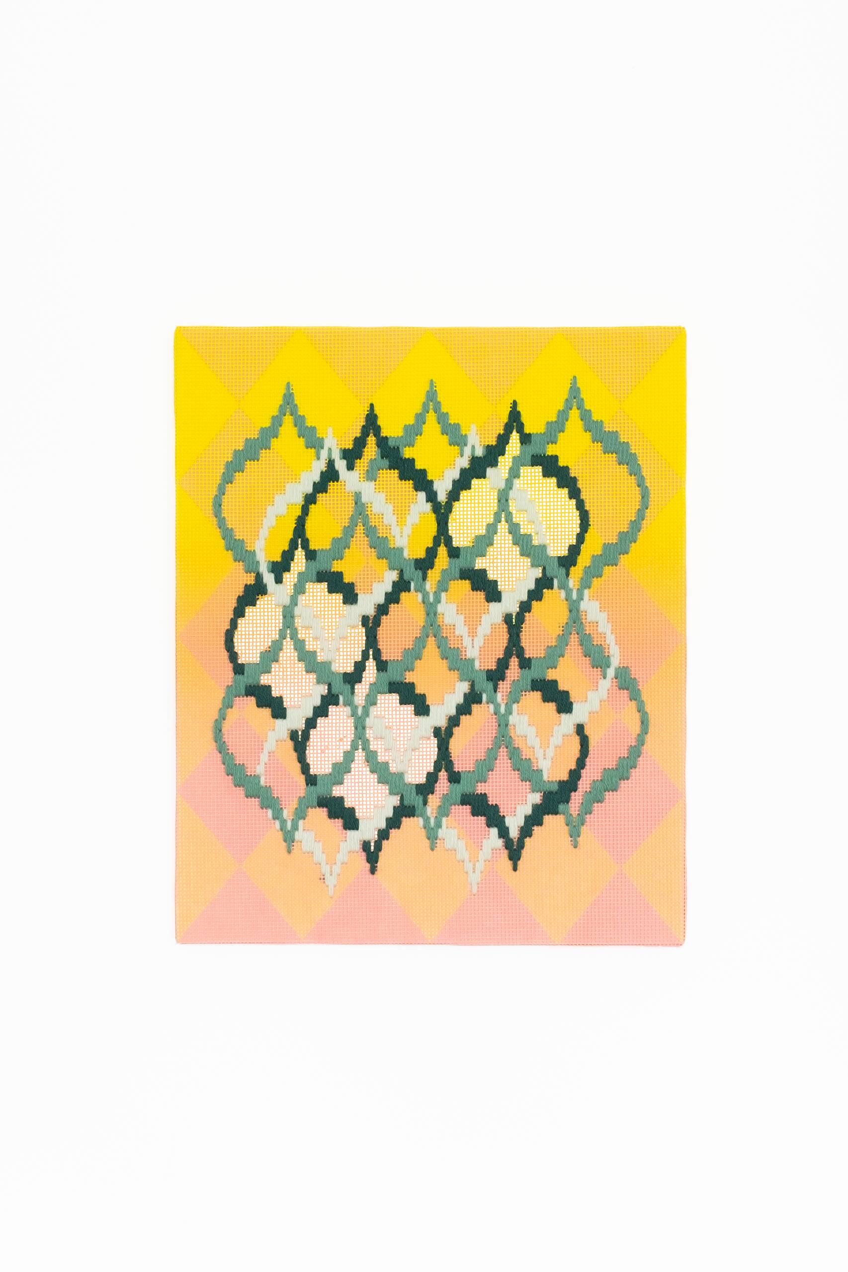Pattern analysis [Golden Ratio, yellow and coral], Hand-embroidered wool yarn and acrylic paint on canvas over painted and gilded panel, 2022