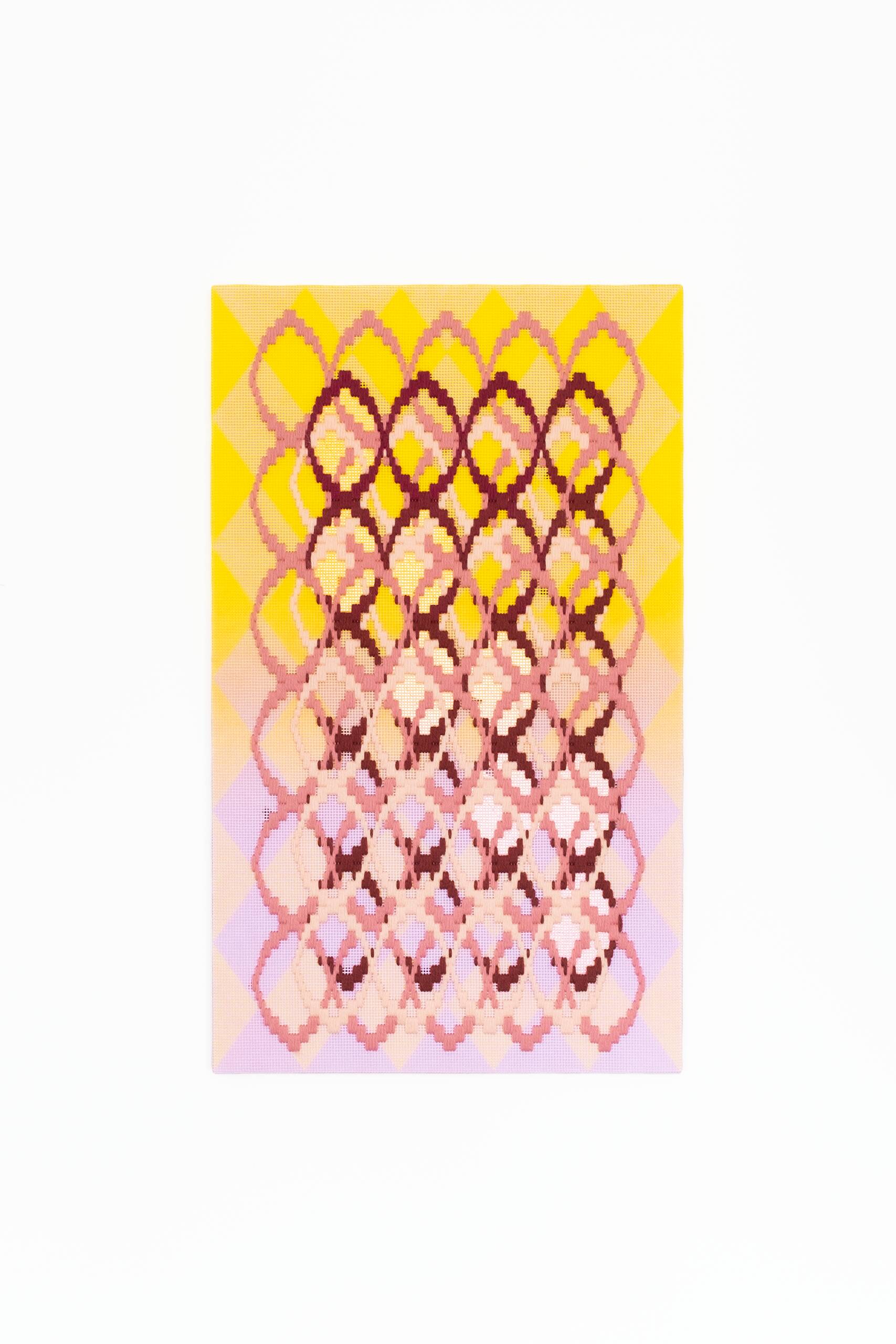 Pattern analysis [Golden Ratio, yellow and fuchsia], Hand-embroidered wool yarn and acrylic paint on canvas over painted and gilded panel, 2022