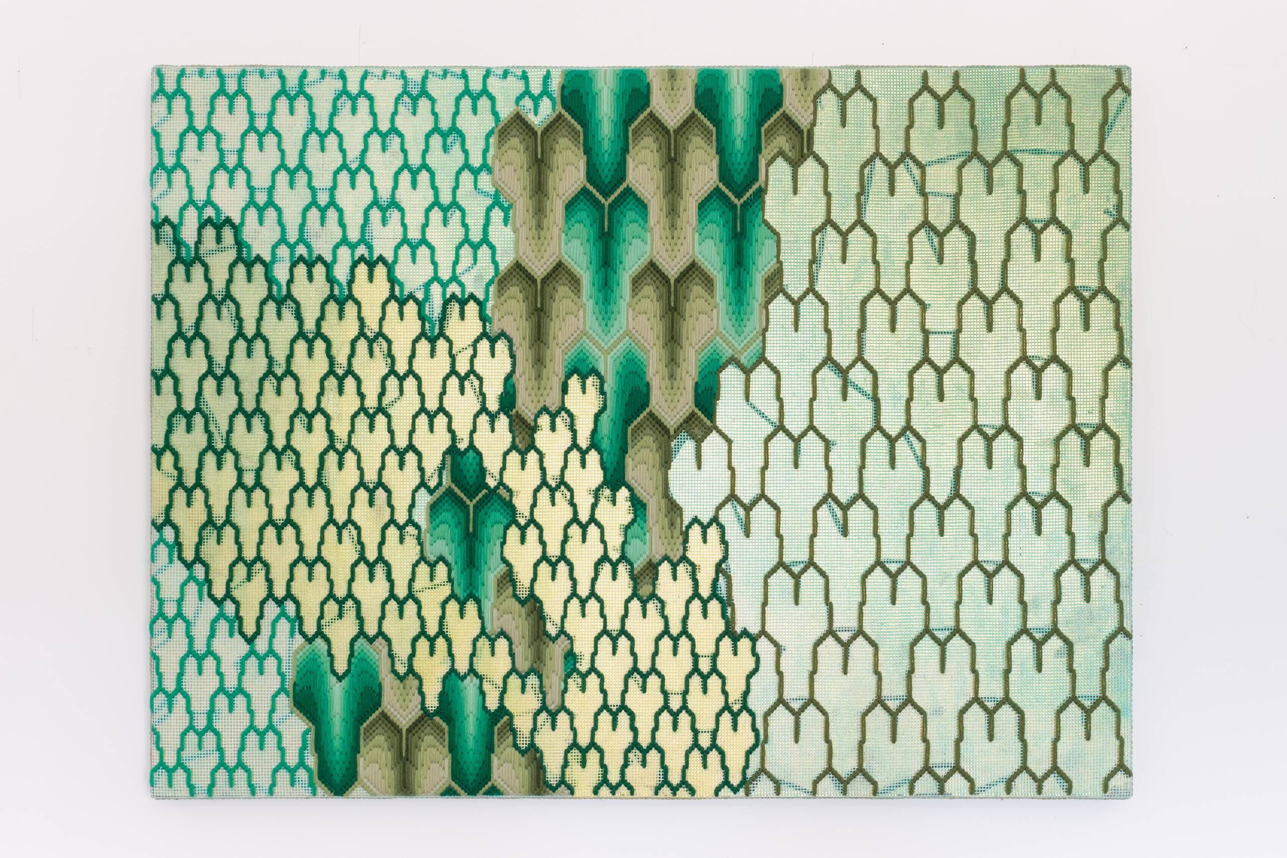 Plant Matter (Earth series), Hand-embroidered wool on canvas over panel with gold leaf, 2019