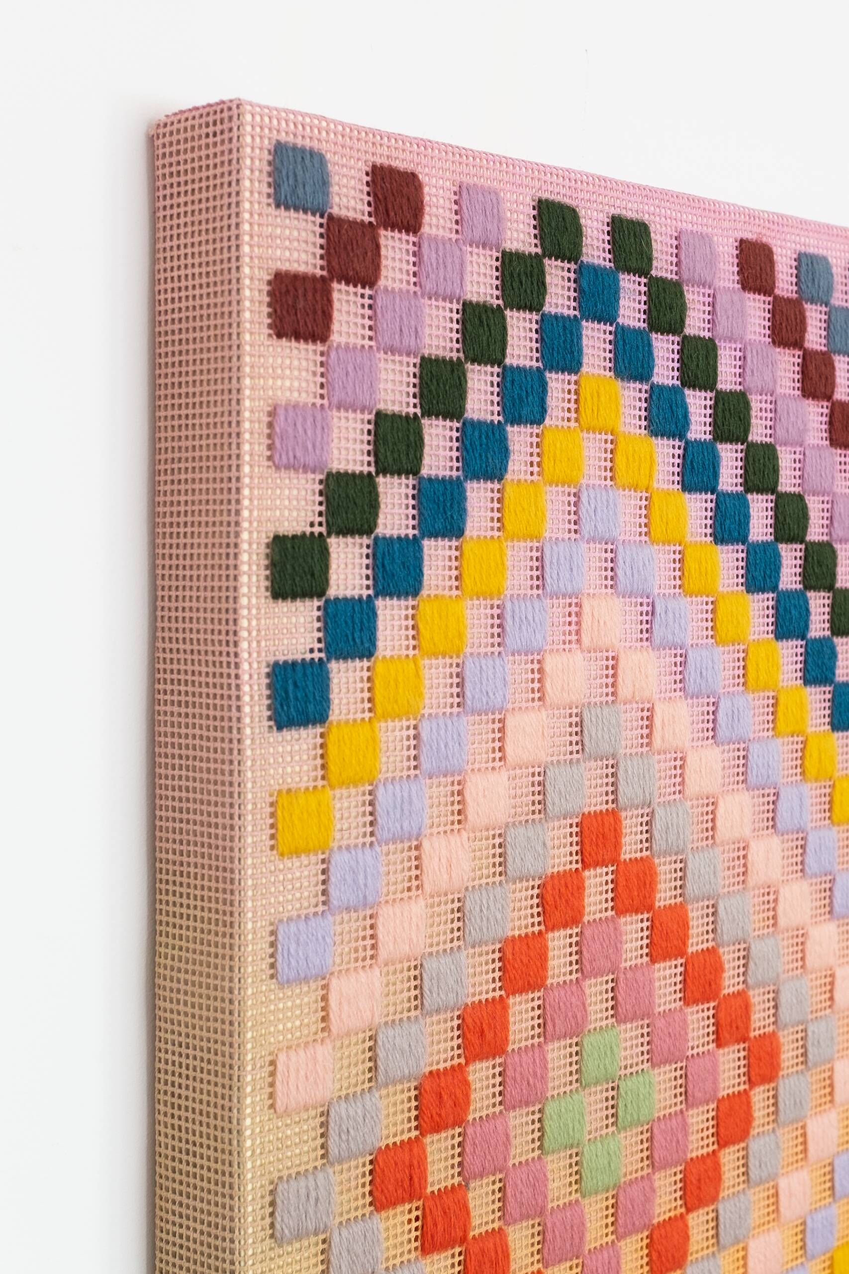 Punch card -- Patchwork [blue], Hand-embroidered wool yarn and acrylic paint on canvas, 2022
