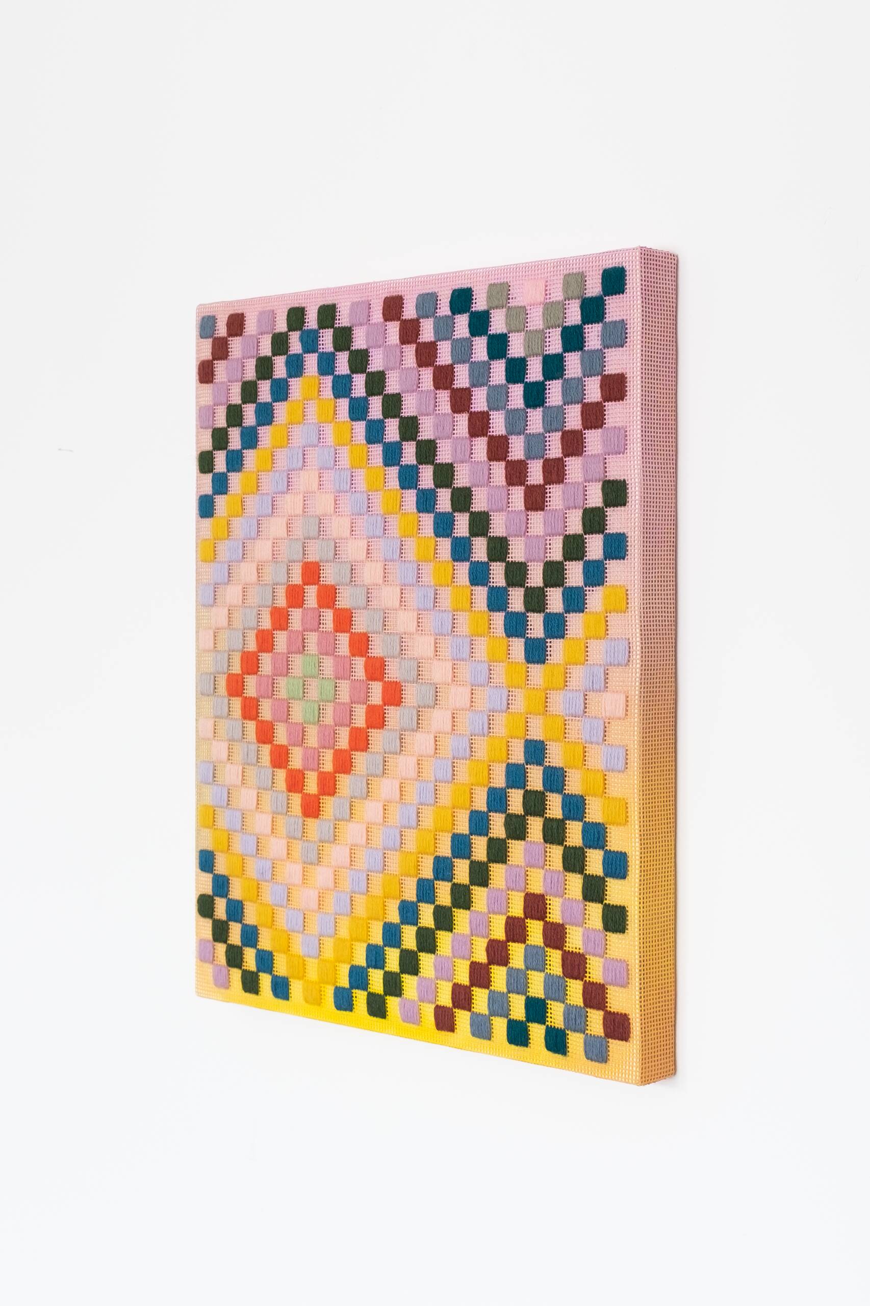Punch card -- Patchwork [blue], Hand-embroidered wool yarn and acrylic paint on canvas, 2022