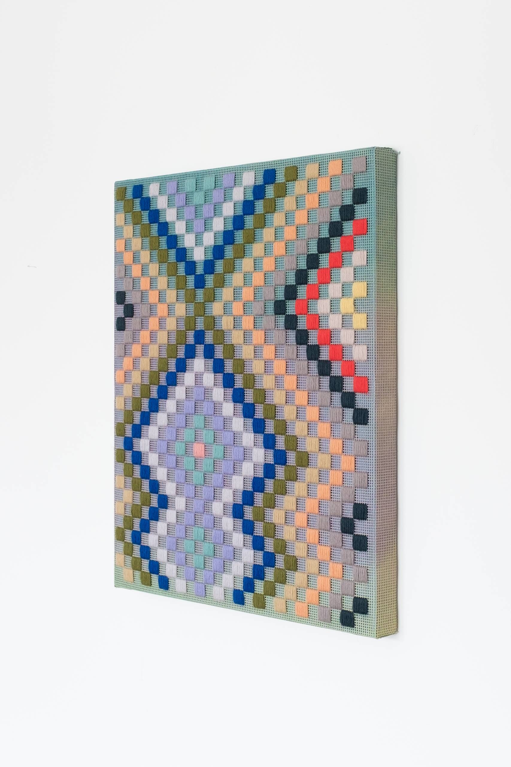 Punch card -- Patchwork [green], Hand-embroidered wool yarn and acrylic paint on canvas, 2022