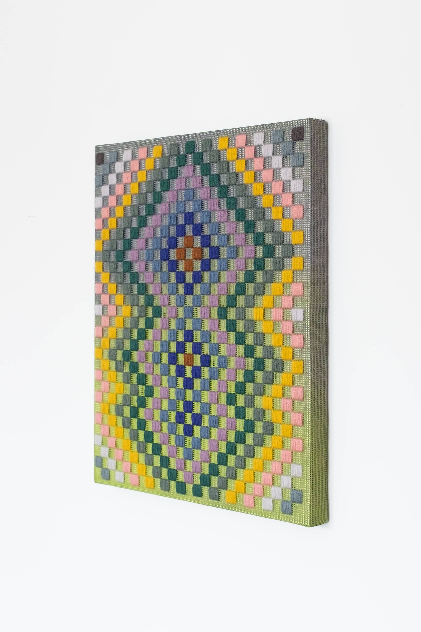 Punch card -- Patchwork [grey], Hand-embroidered wool yarn and acrylic paint on canvas, 2022