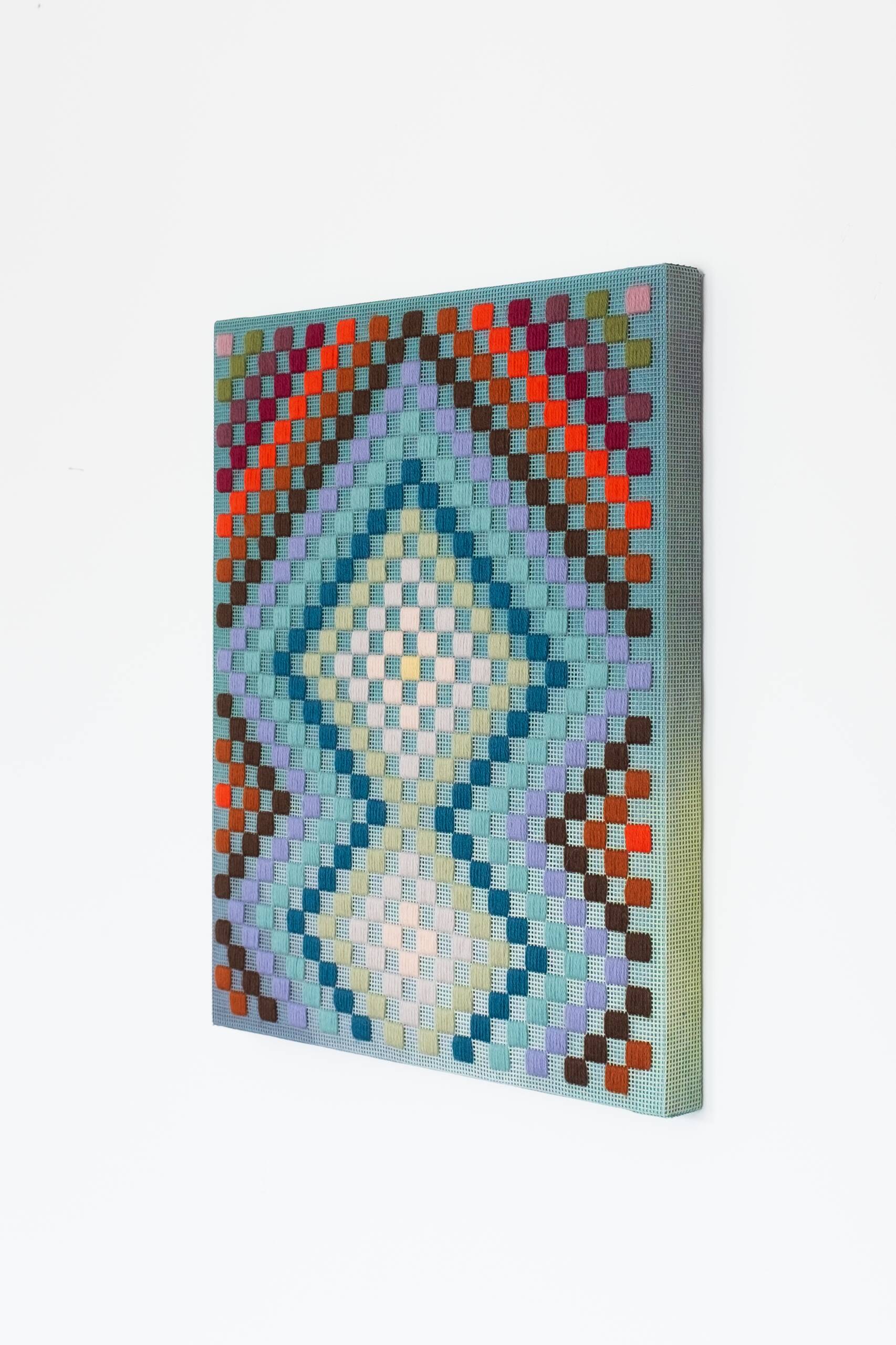 Punch card -- Patchwork [pink], Hand-embroidered wool yarn and acrylic paint on canvas, 2022