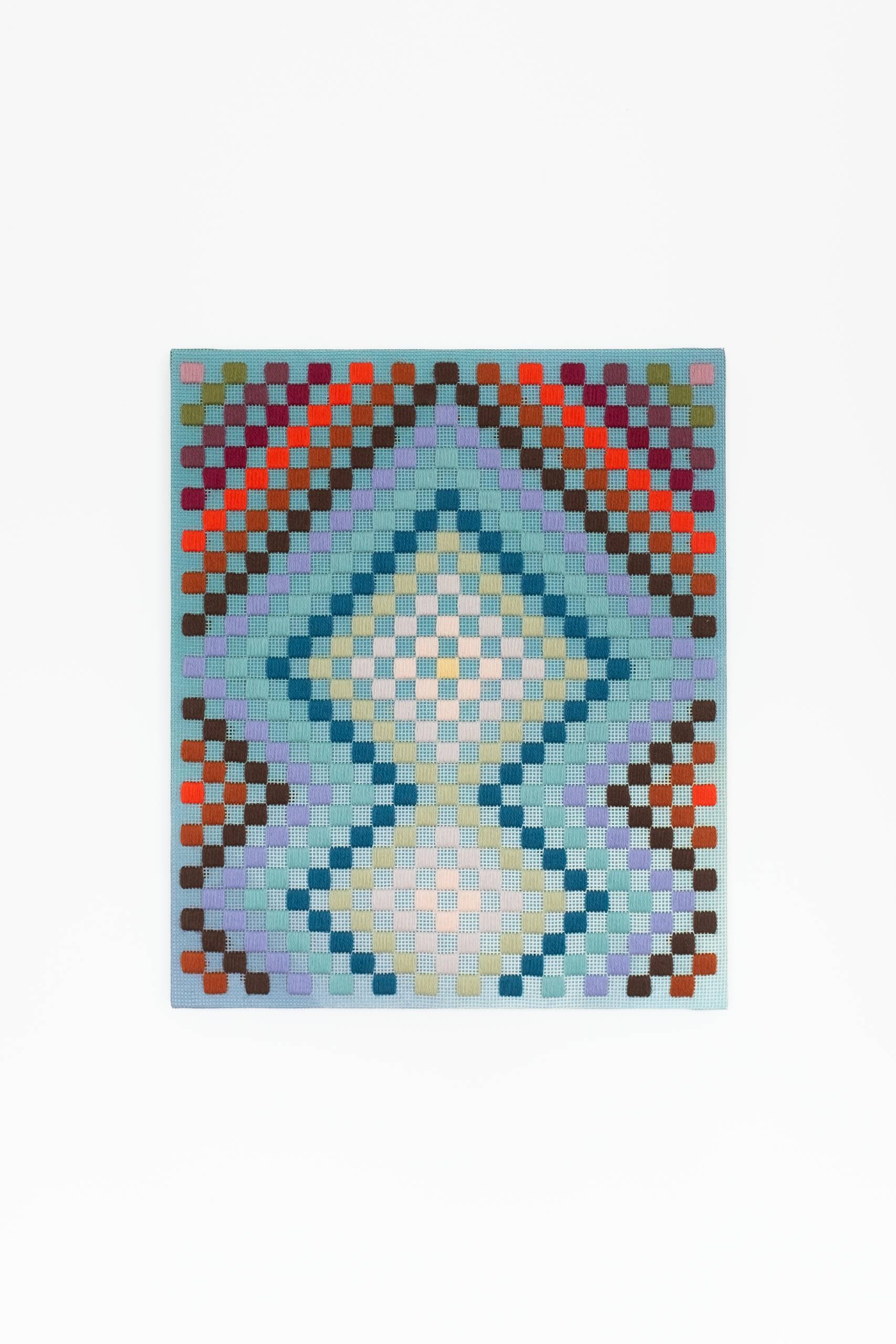 Punch card -- Patchwork [pink], Hand-embroidered wool yarn and acrylic paint on canvas, 2022