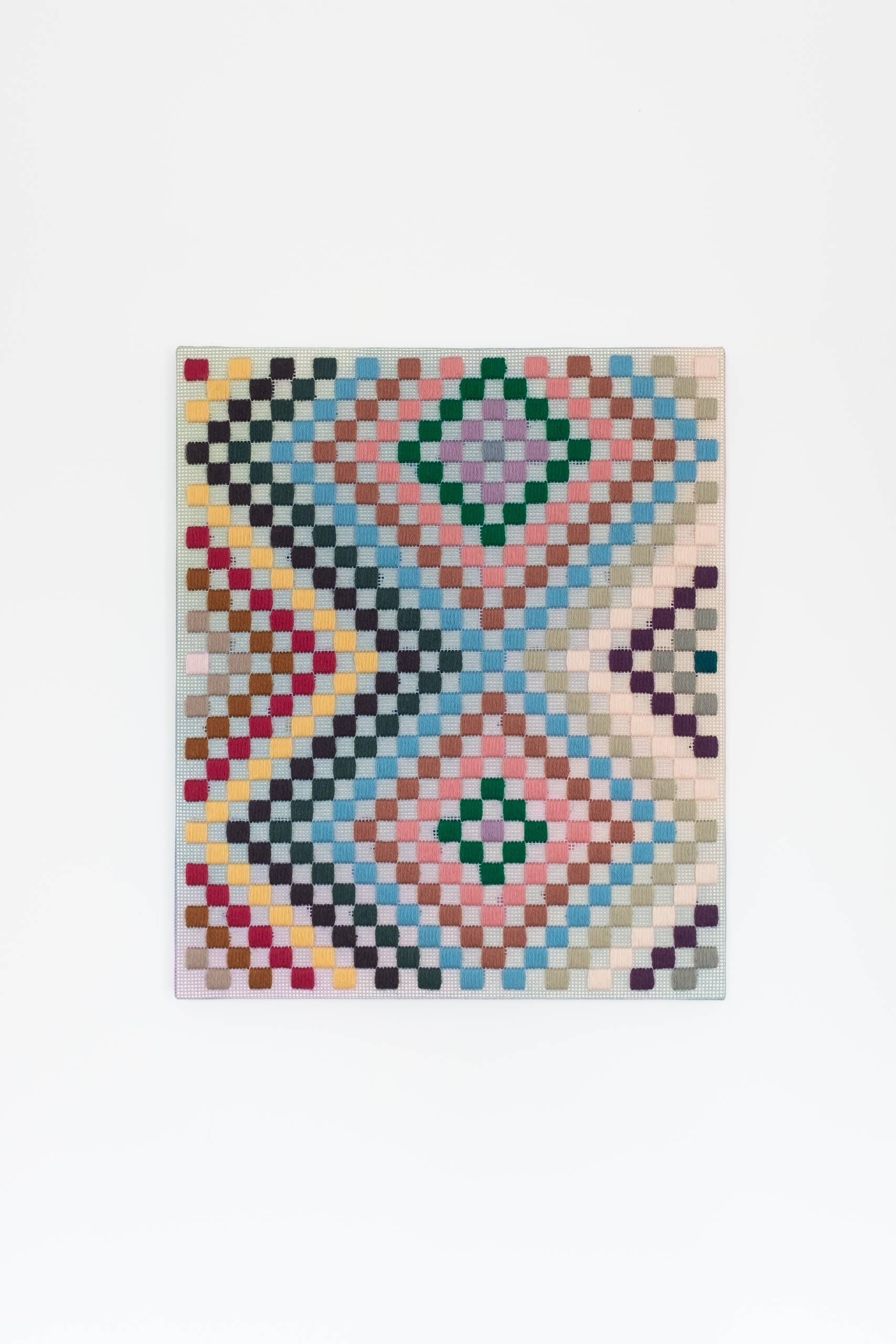 Punch card -- Patchwork [red], Hand-embroidered wool yarn and acrylic paint on canvas, 2022