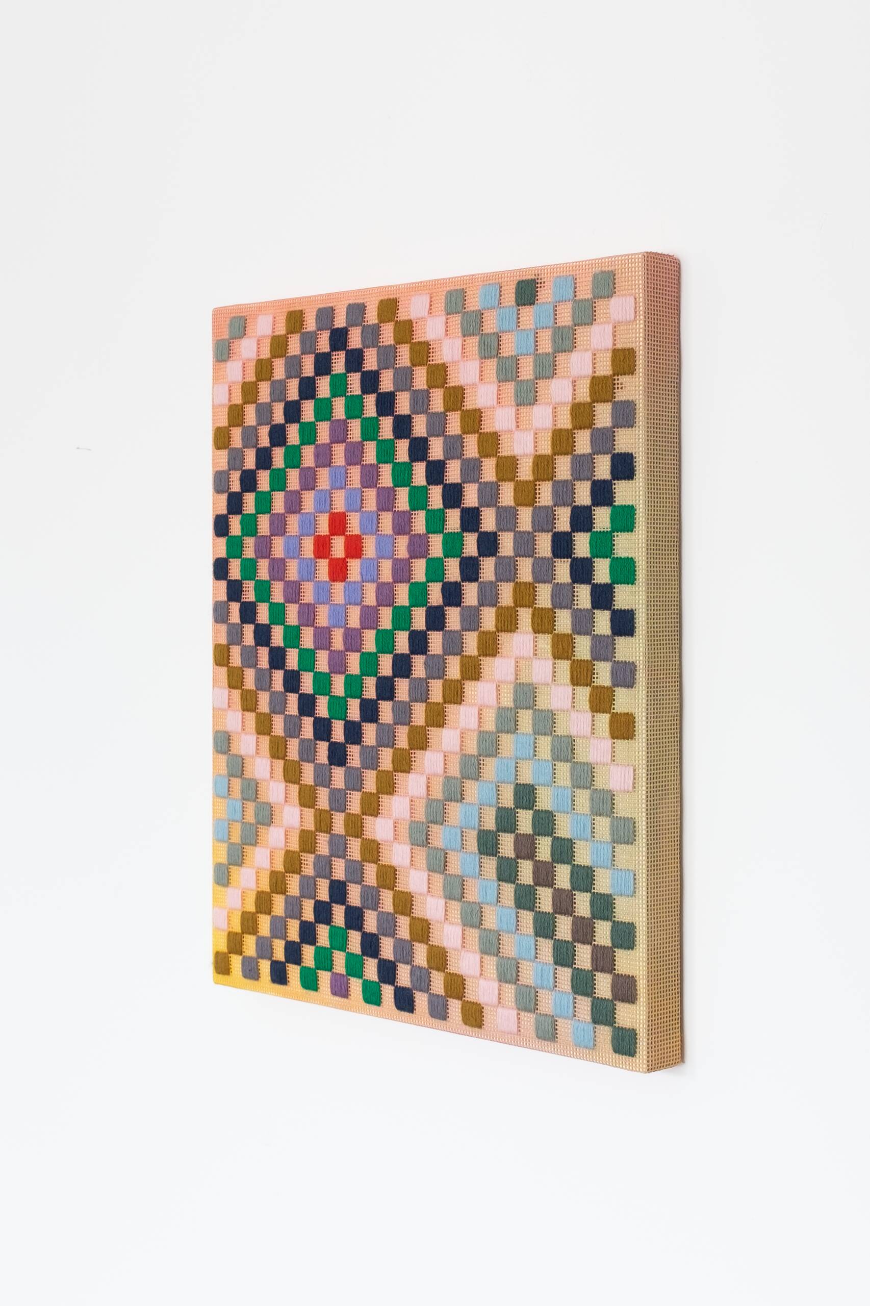 Punch card -- Patchwork [teal], Hand-embroidered wool yarn and acrylic paint on canvas, 2022