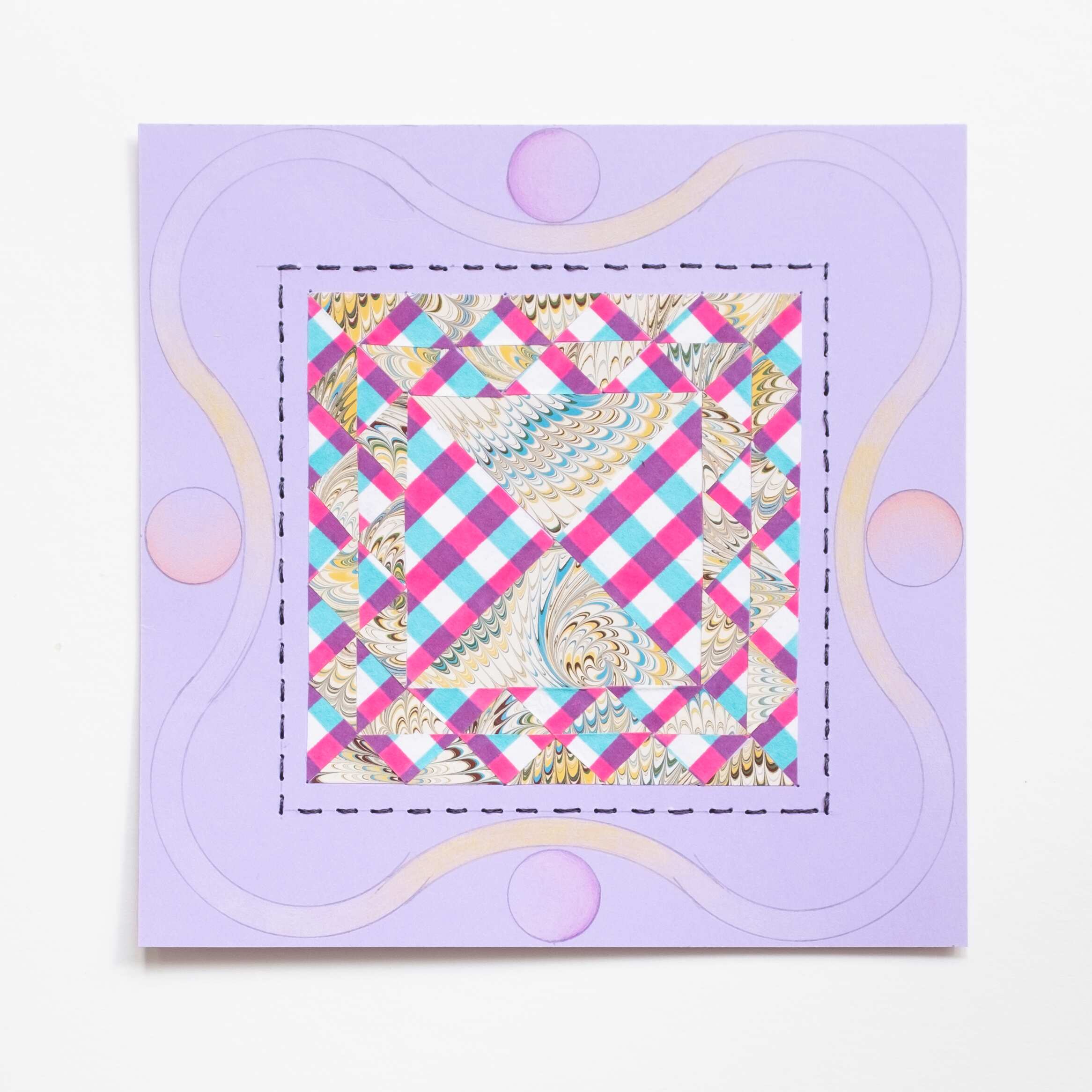 Quilted Composition [Corn and Beans, purple], Hand-embroidered silk thread, collaged paper, pencil, and colored pencil on paper, 2020