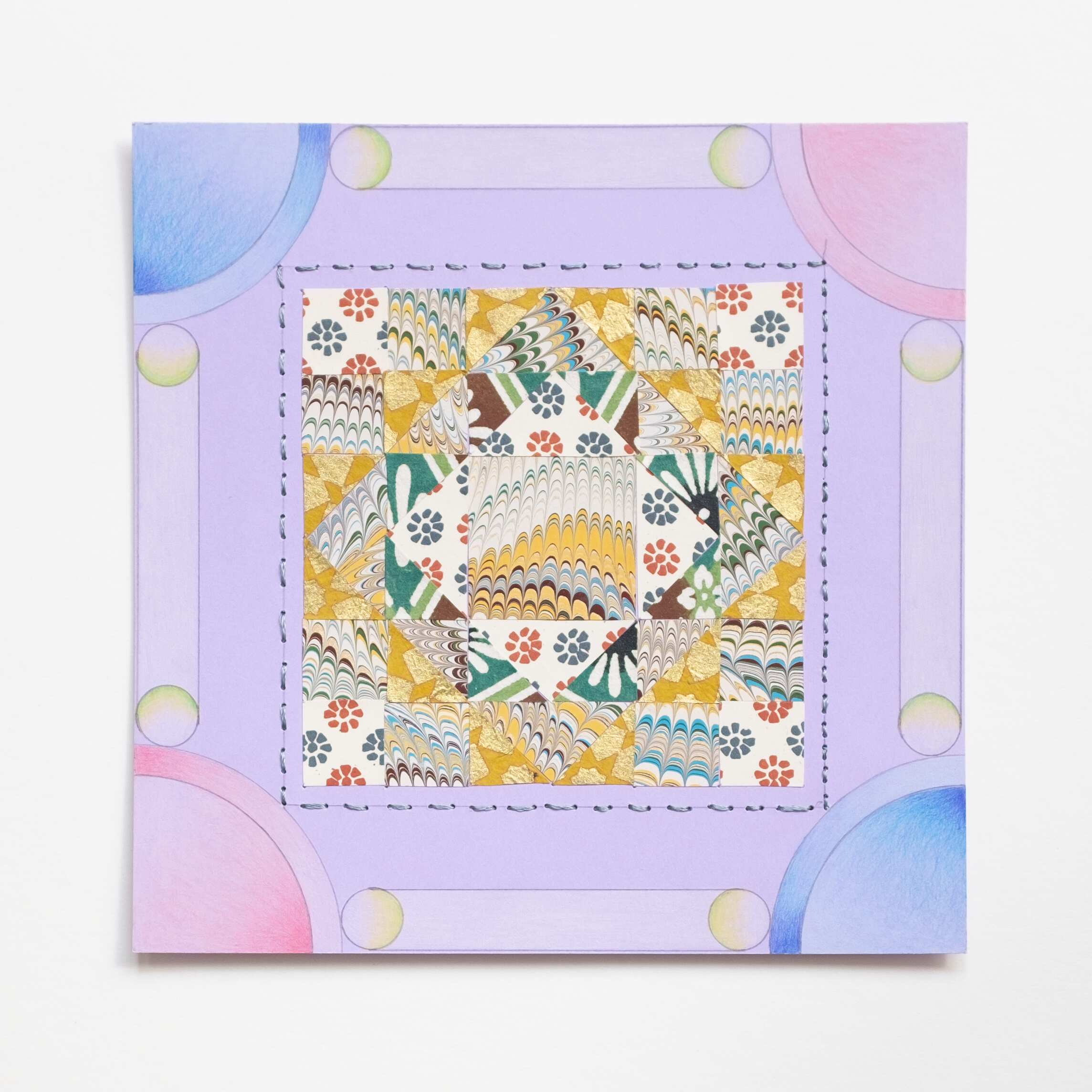Quilted Composition [Floor Tiles Remix, purple], Hand-embroidered silk thread, collaged paper, pencil, and colored pencil on paper, 2020