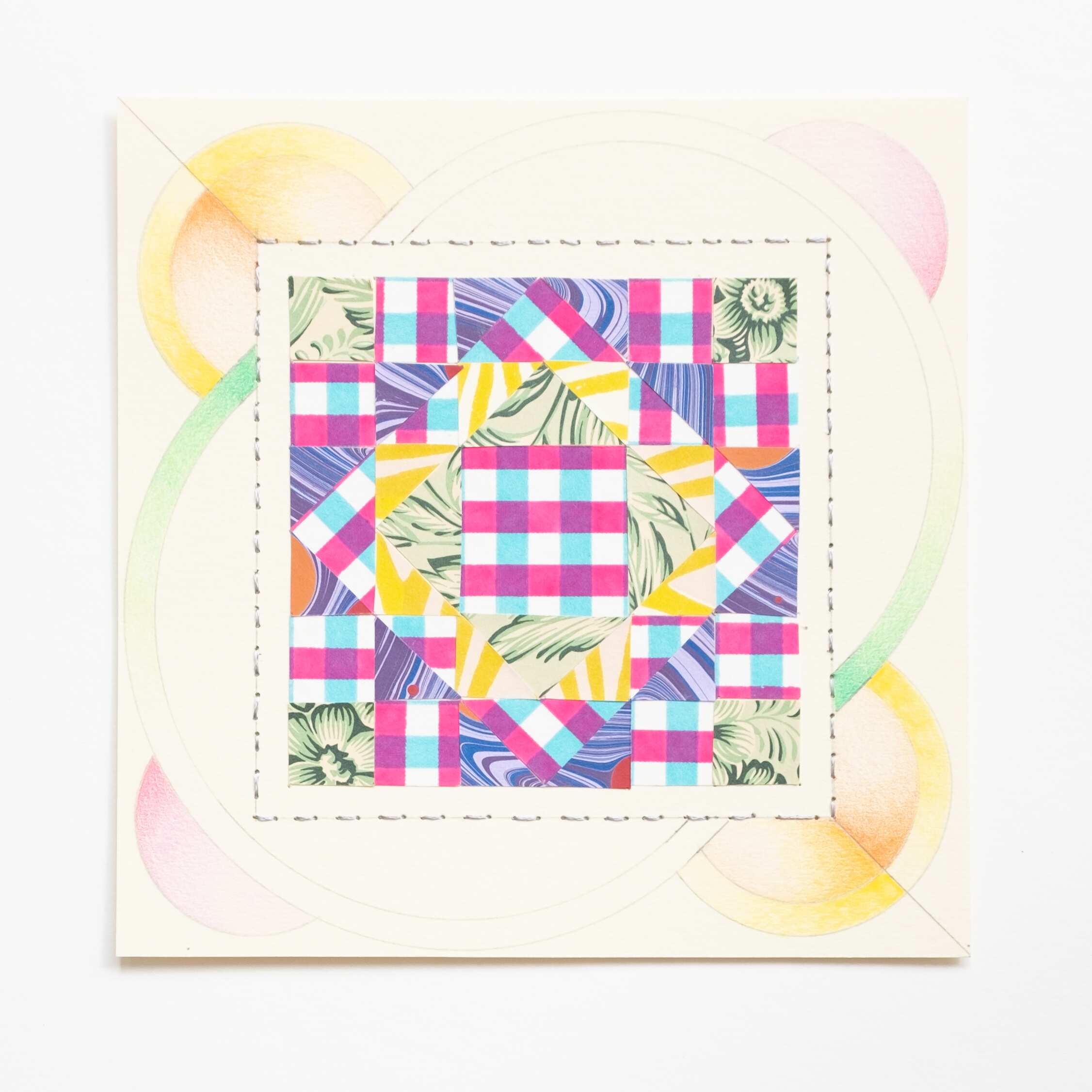 Quilted Composition [Floor Tiles Remix, yellow], Hand-embroidered silk thread, collaged paper, pencil, and colored pencil on paper, 2020