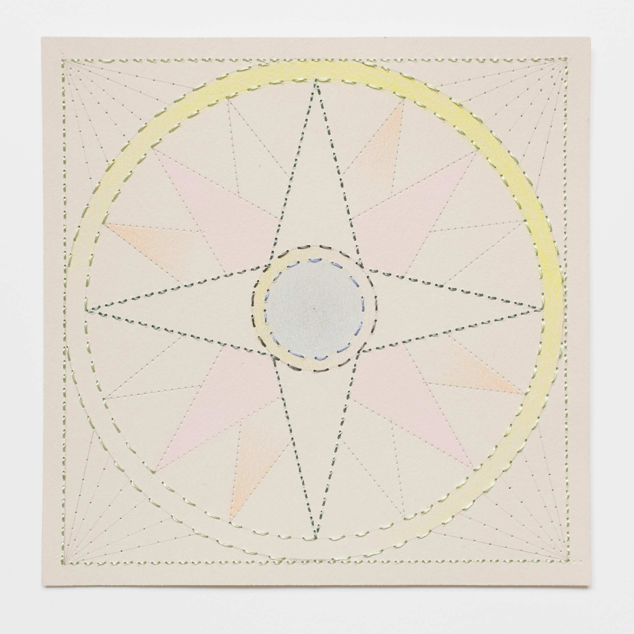 Quilted Composition [grey // compass], Hand-embroidered silk on paper, pencil, coloured pencil, 2019