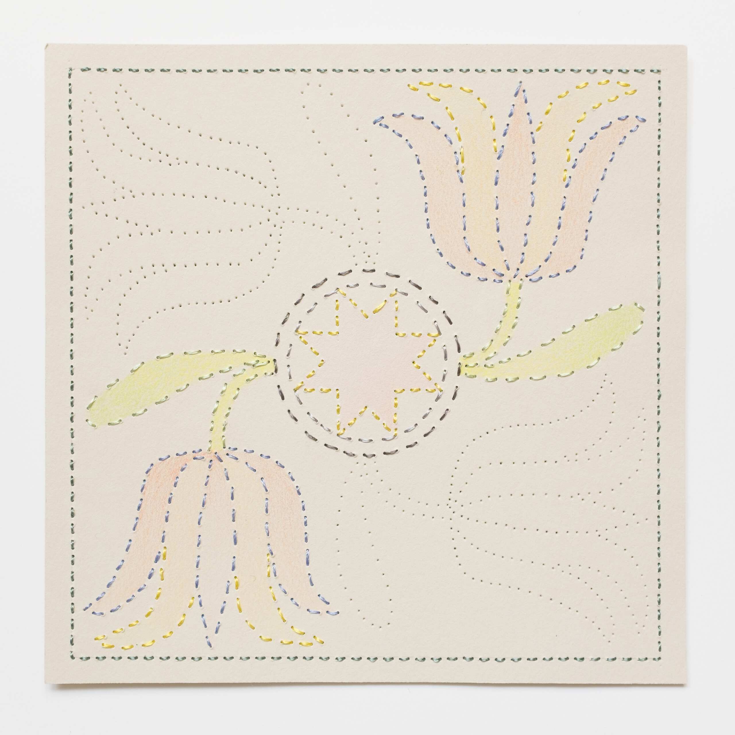 Quilted Composition [grey // tulips], Hand-embroidered silk thread, pencil, and coloured pencil on paper, 2019