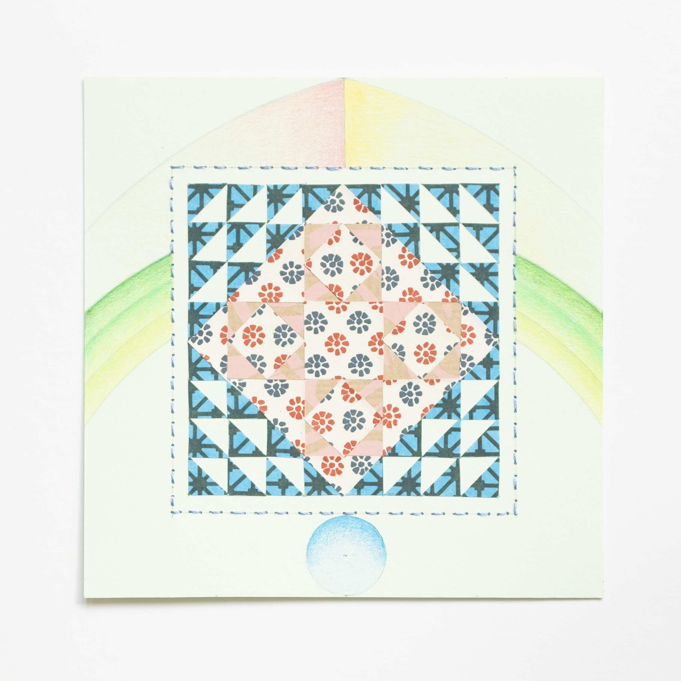 Quilted Composition [Naughty Nancy, green], Hand-embroidered silk thread, collaged paper, pencil, and colored pencil on paper, 2020