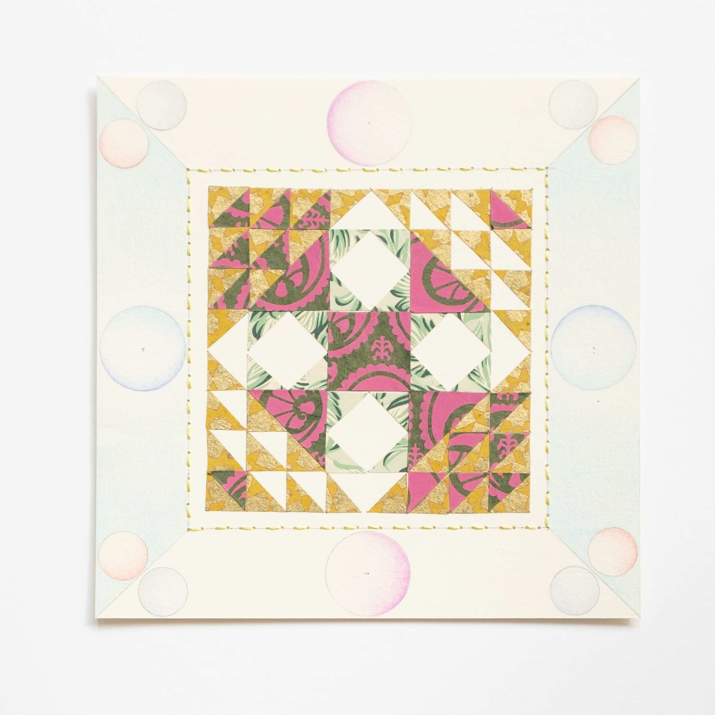 Quilted Composition [Naughty Nancy, yellow], Hand-embroidered silk thread, collaged paper, pencil, and colored pencil on paper, 2020