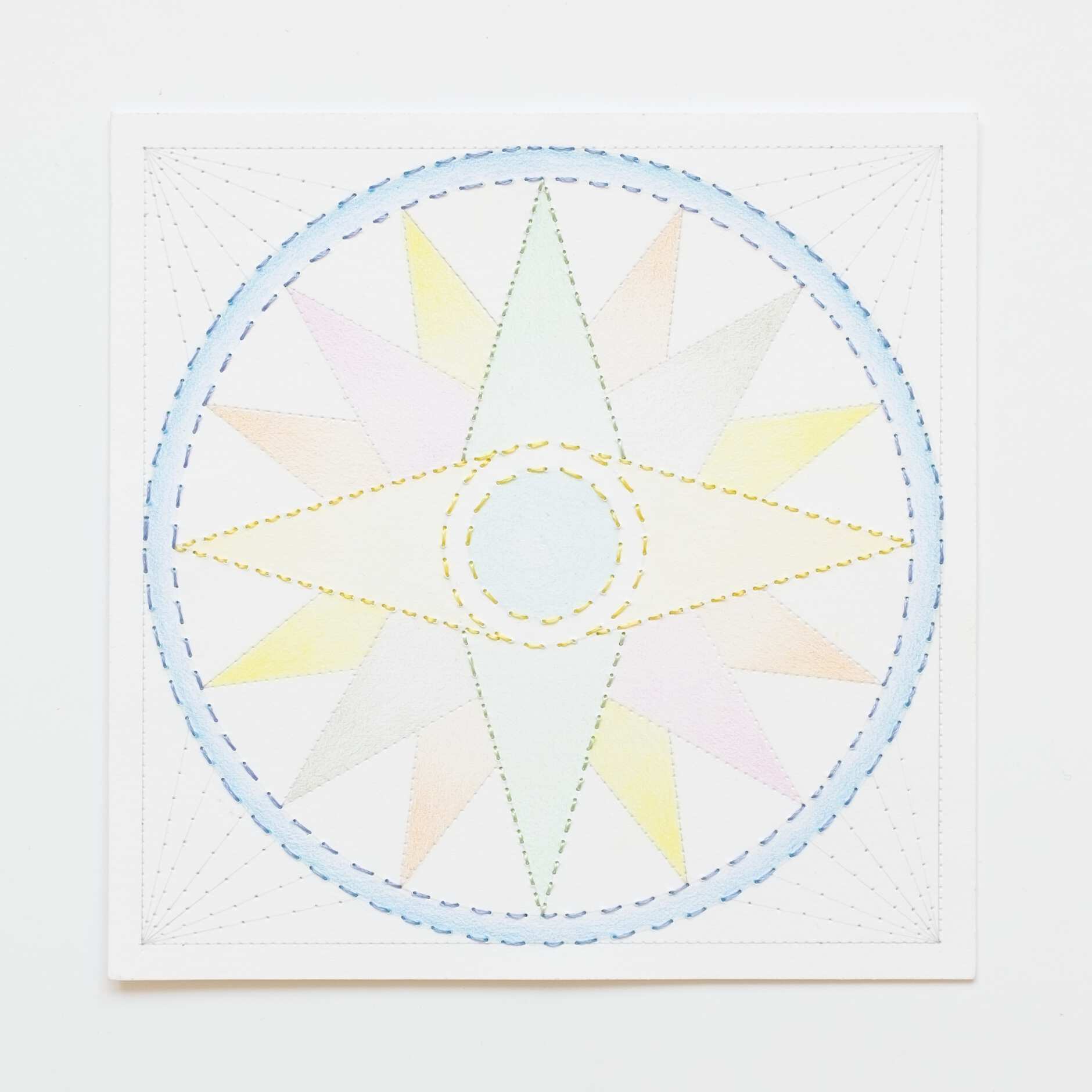 Quilted Composition [white // compass], Hand-embroidered silk thread, pencil, and coloured pencil on paper, 2019